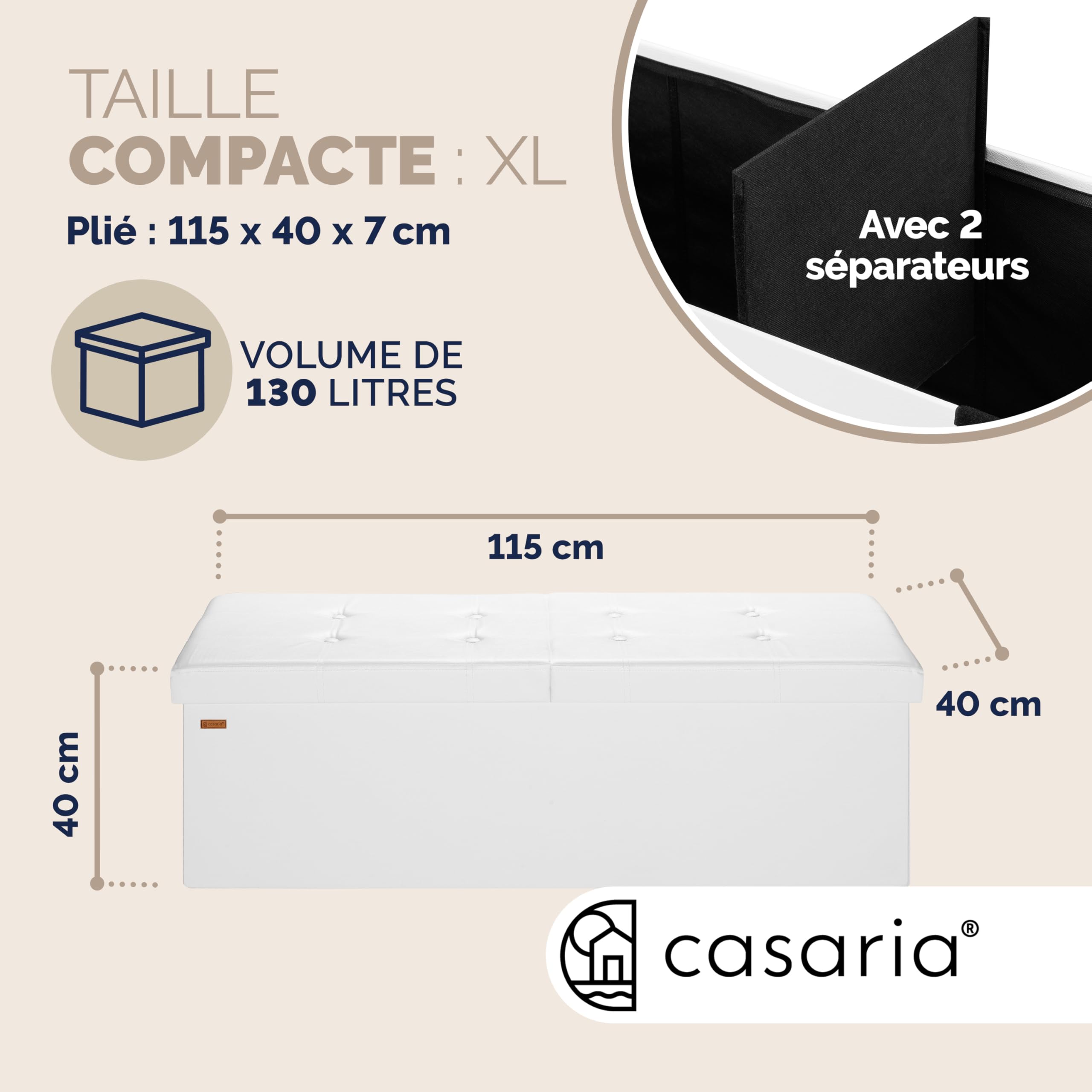 Casaria Banc de Rangement Blanc 115x38x38cm Coffre de Rangement Pliable 131L avec Couvercle Rabattable pour Salon Chambre