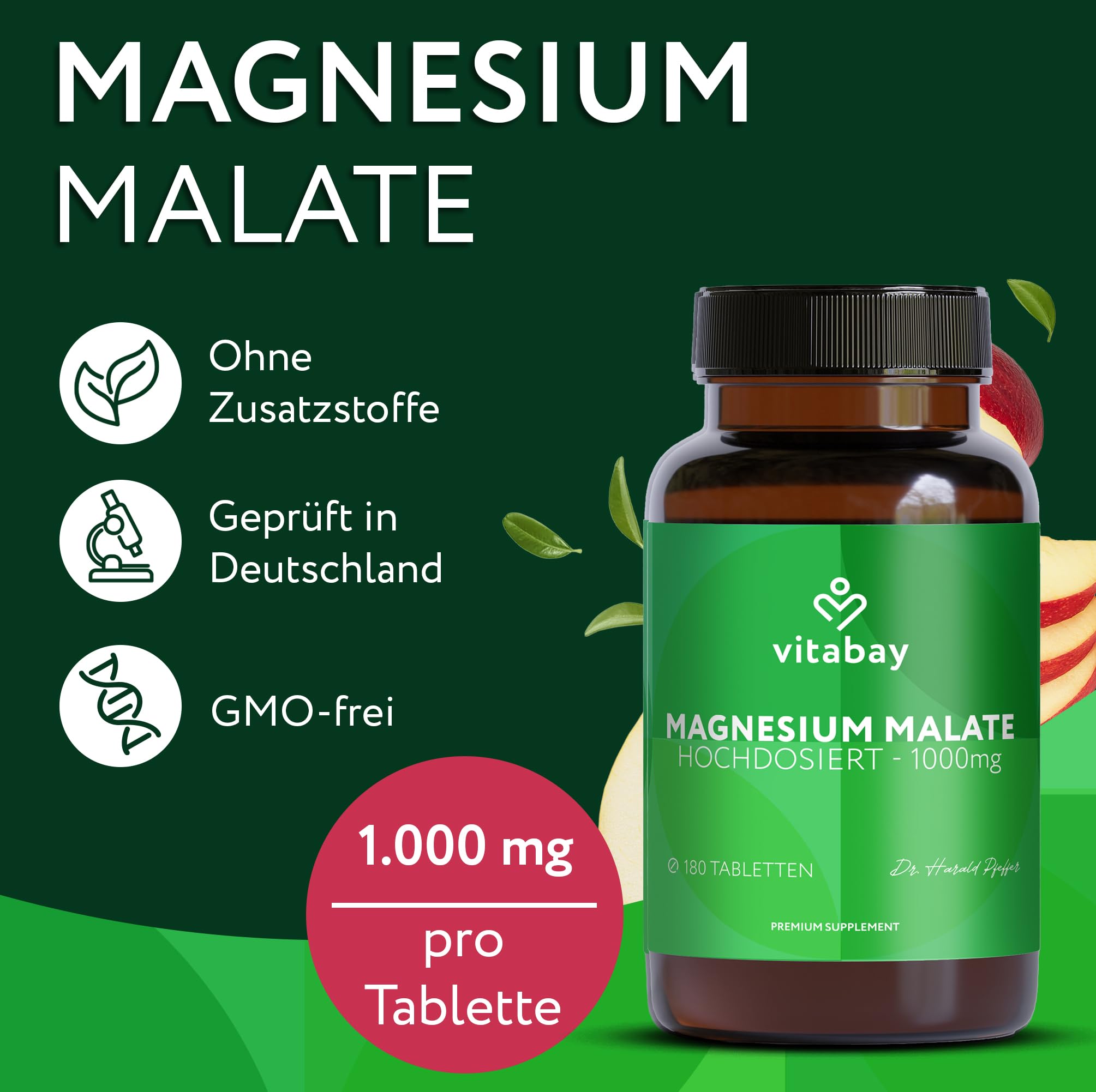 Vitabay Magnesium Malat 1000 mg – 180 Vegane Tabletten – hochdosiert - Für Energiestoffwechsel, Müdigkeit & Muskelfunktion – Laborgeprüft in Deutschland und ohne Zusatzstoffe – Vorrat für 6 Monate