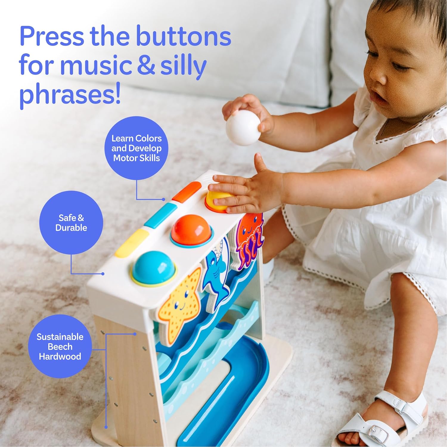 Move2Play, Wooden Ocean Friends | 30+ Fin-Tastic Songs & Phrases | Baby & Toddler Musical Toy | First Birthday Present for 1+ Year Old | Ages 6-24 Months | Boy & Girl Ball Drop Toy - Image 4