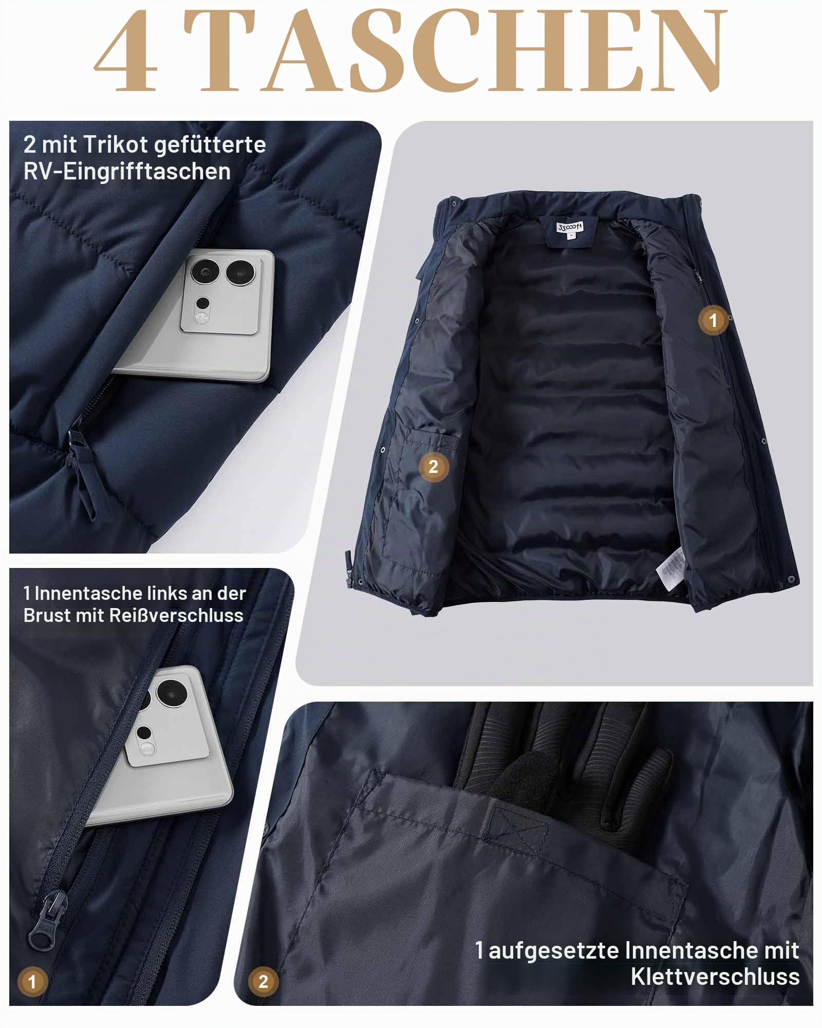 33,000ft Herren Steppweste Winterweste Warme Sportwesten für Männer Outdoor Weste Wasserbeständige Pufferweste mit 4 Taschen für Golf Wandern Reiten Freizeit Dunkelblau 2XL