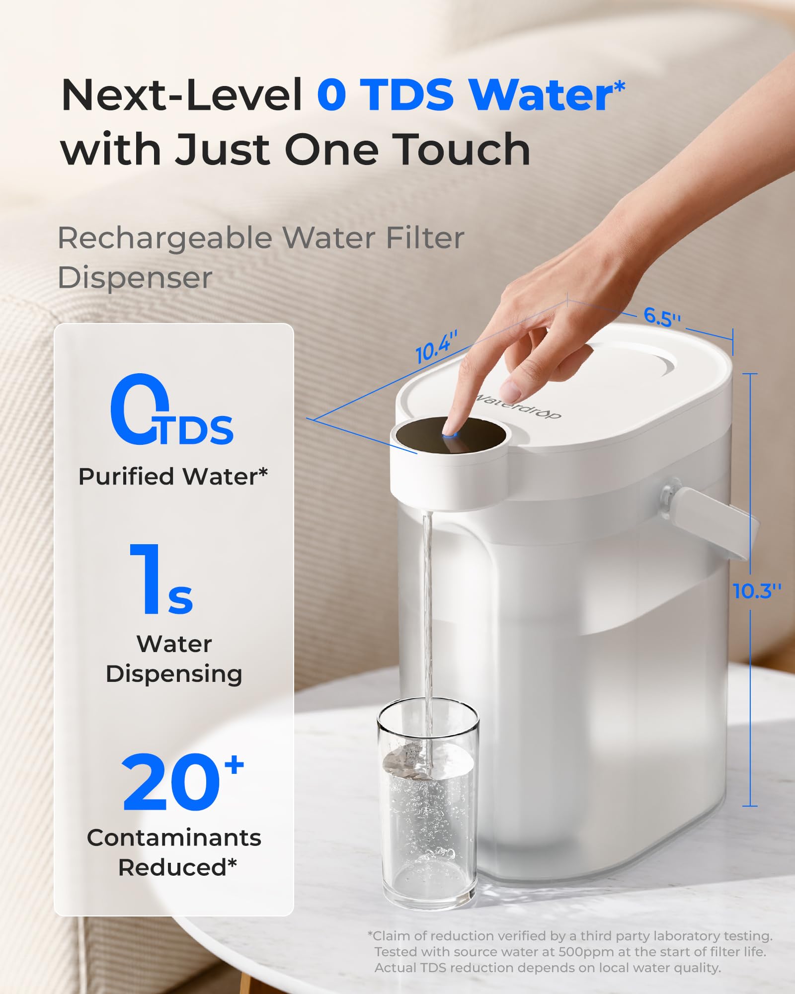 Waterdrop 0 TDS Zero TDS Dispensador de filtro de agua recargable de agua, jarra potente eléctrica instantánea de 4 etapas, reduce el cloro, plomo, sistema de filtración de agua de encimera de 15