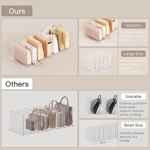 Miniatura 6 de Criusia Organizador ajustable para monederos de armario, divisor de estante extra largo de 28.8 pulgadas con 6 paneles base y 8 divisores, soporte