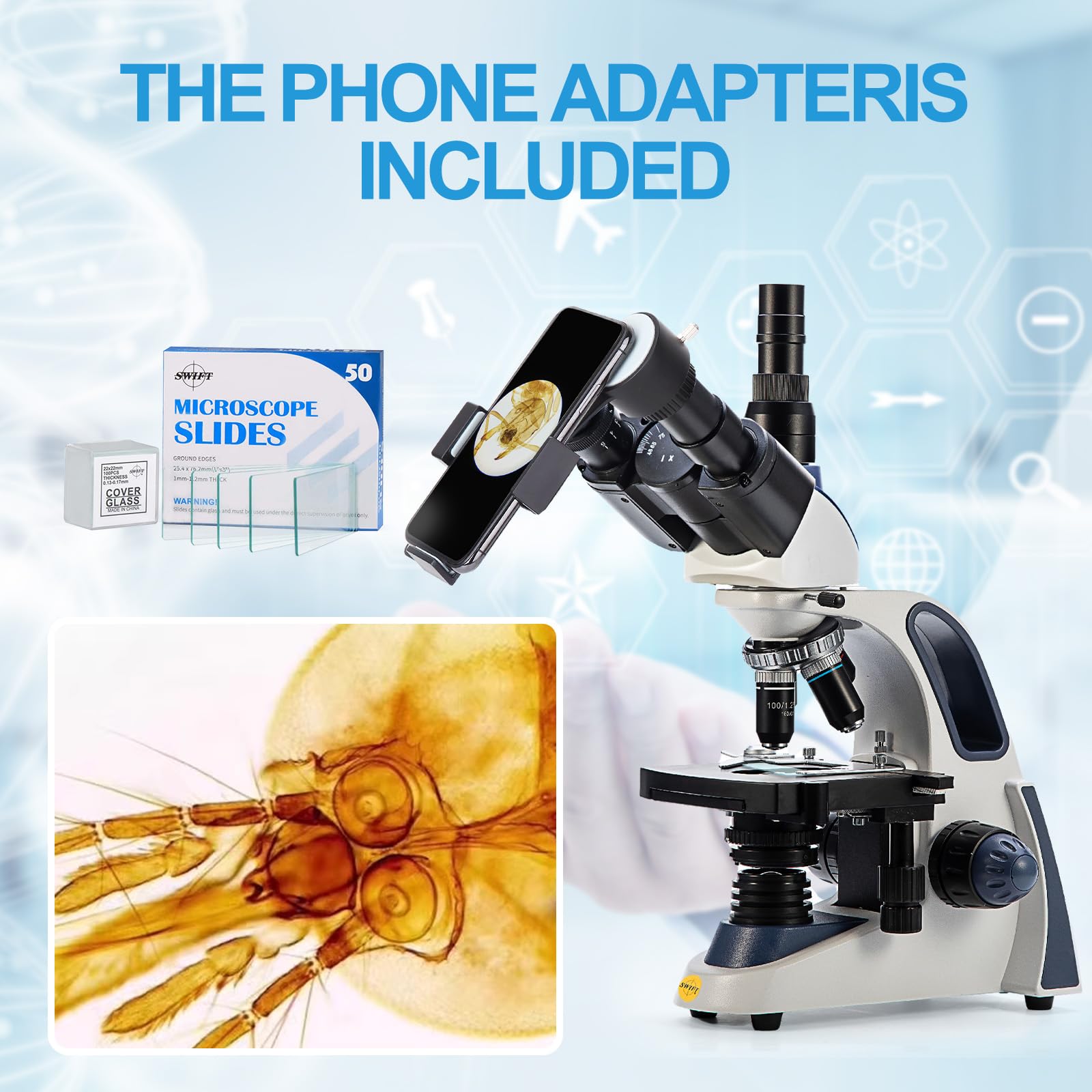 SWIFT Microscopio composto trinoculare SW380T, 40X-2500X, con fotocamera da 5 MP e diapositive, testa Siedentopf, grado di ricerca, stadio meccanico a due strati