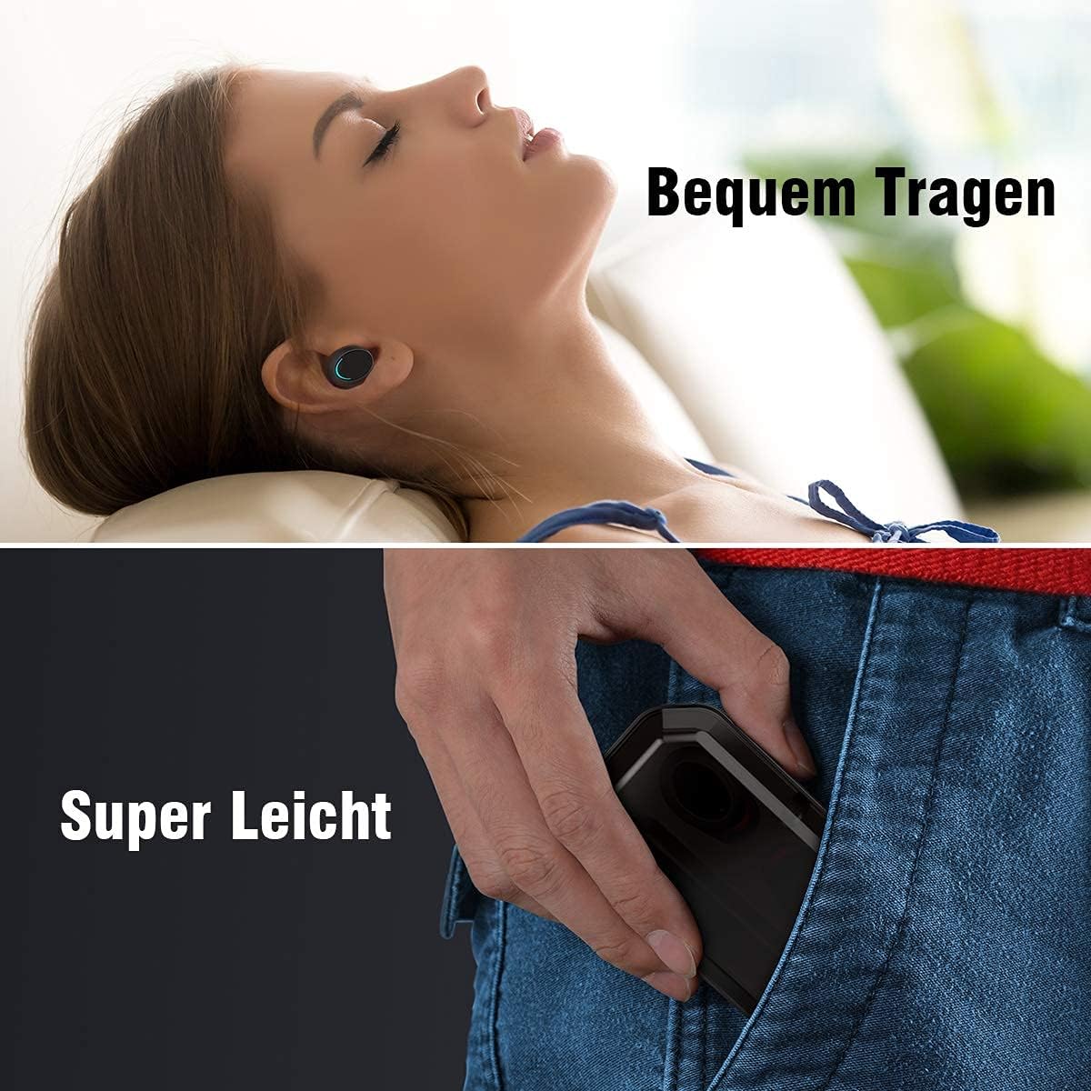 Person wearing earbuds and hand putting charging case in pocket
