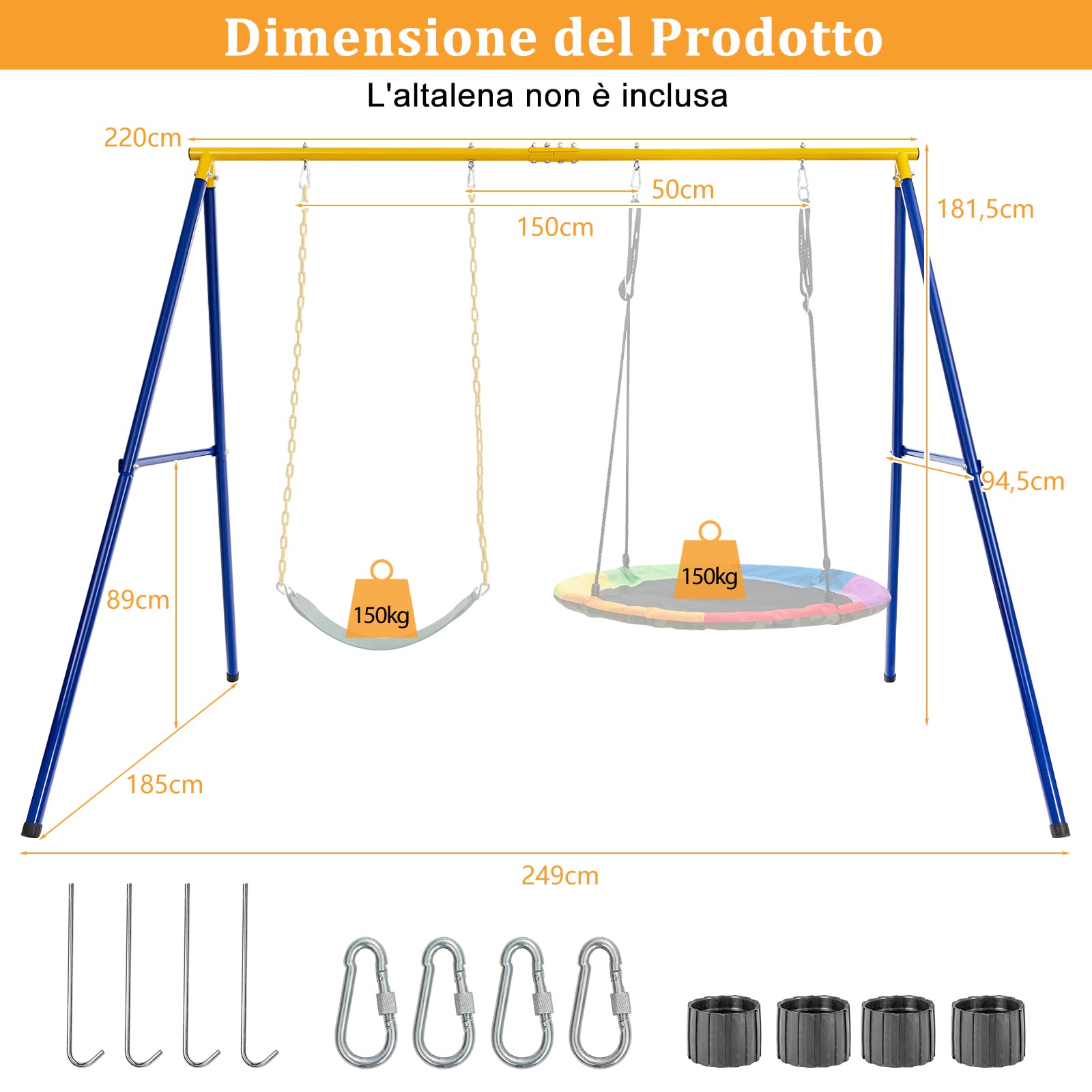 COSTWAY Set Altalena da Giardino per Bambini, Struttura di Metallo ad A con 1 Sedile in EVA Morbido e 1 Altalena Nido, Capacità 300 kg, Ideale per Giardino Parco Giochi (Giallo+Blu, Altalena+Supporto)