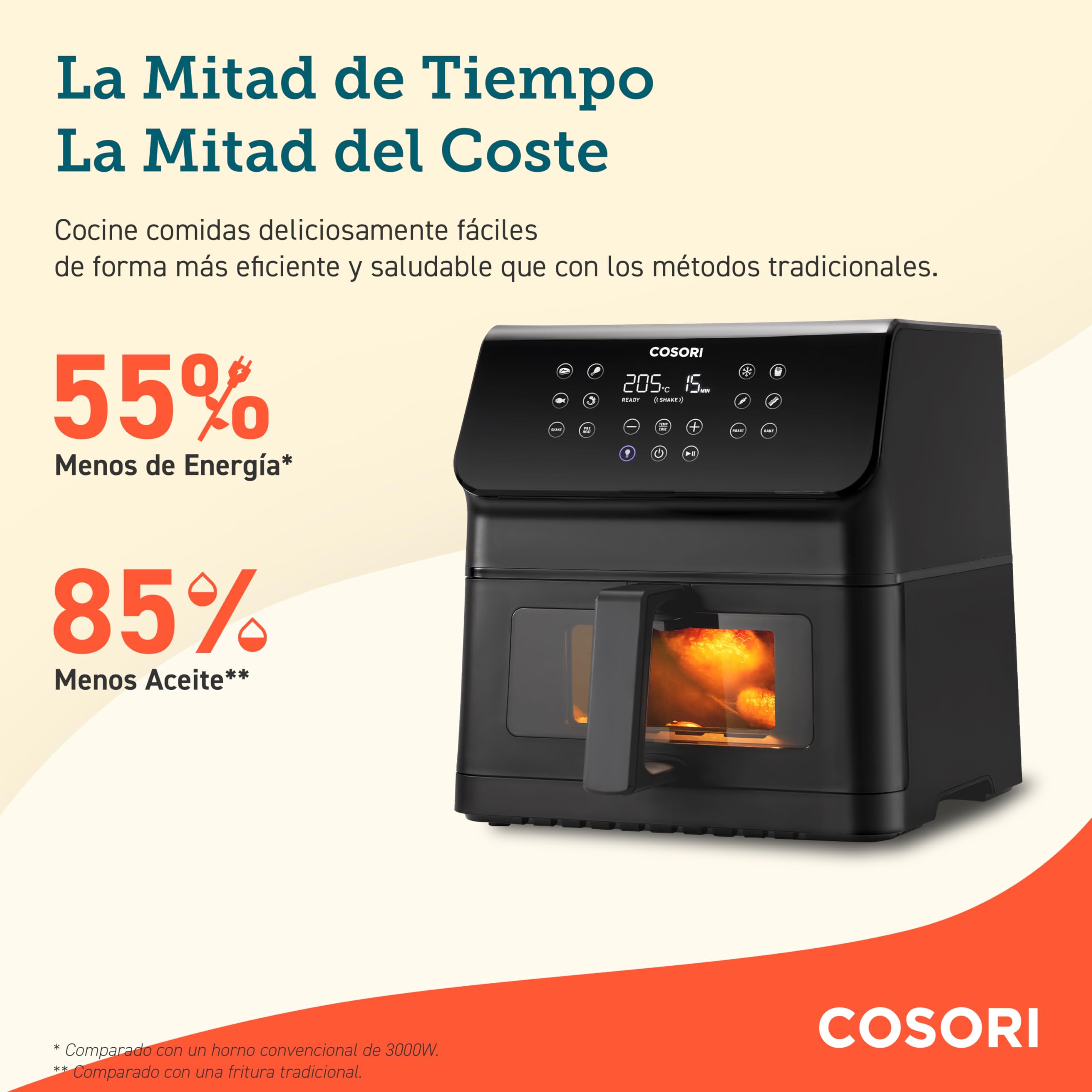 Cosori Freidora de Aire 6,2L con Ventana, 11 Modos, Fácil de Usar | Interior Metálico, con Tecnología Rapid Air, Menor Consumo Energético, Hasta 205°C y 60 Min, Apta para Lavavajillas