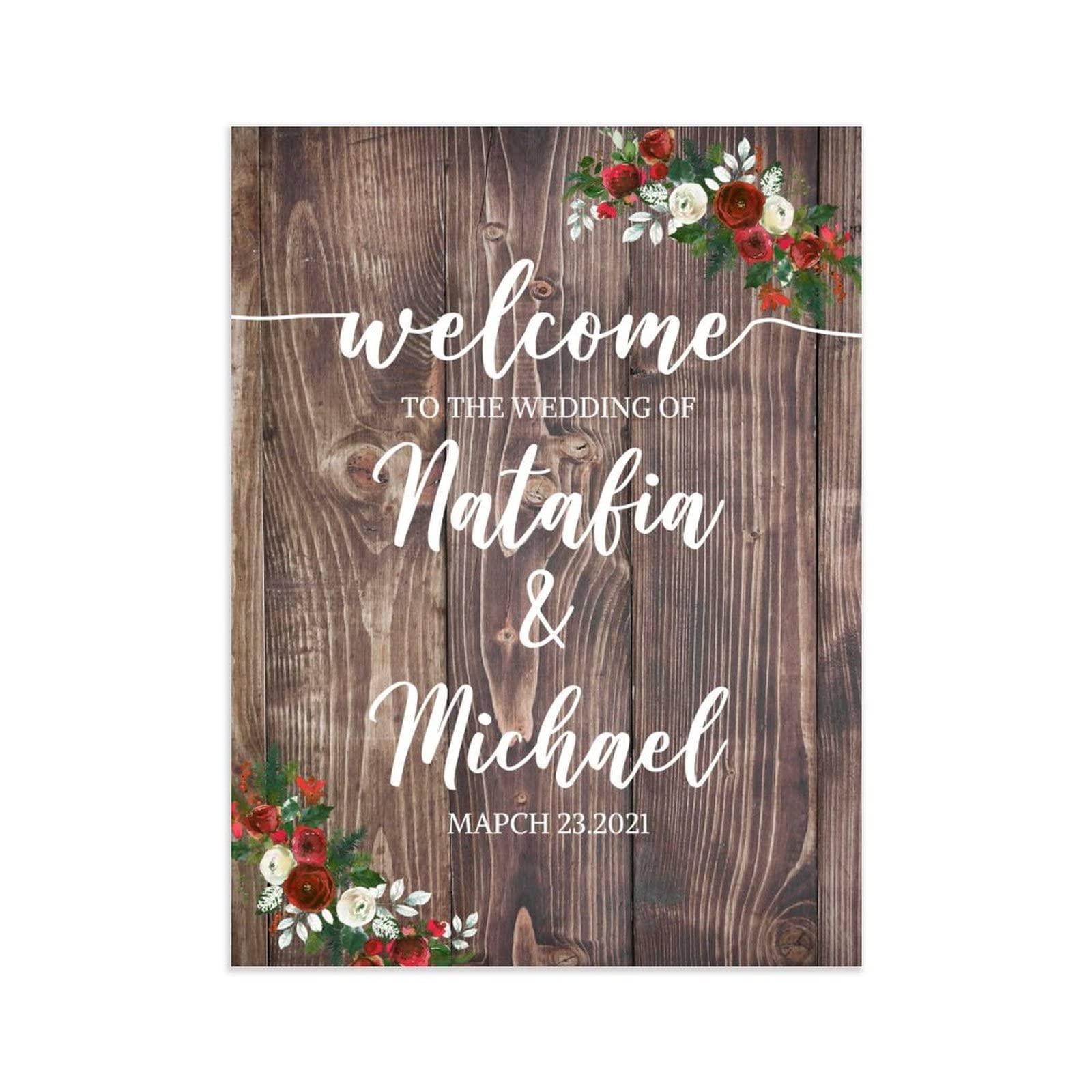 Panneau de bienvenue de mariage rustique fleurs bordeaux premium 61 cm