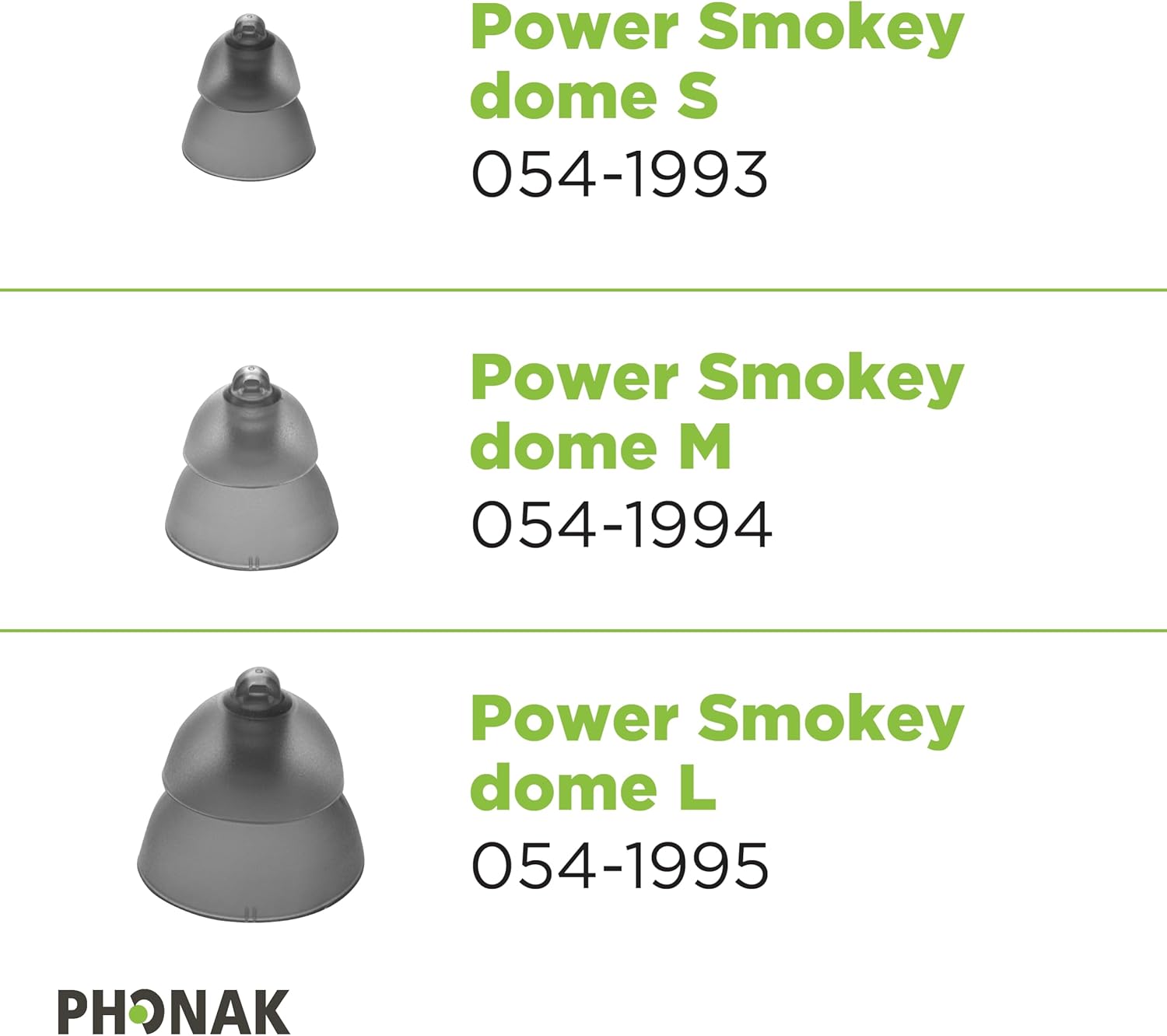 Phonak Power Smokey Domes in Small, Medium, and Large sizes