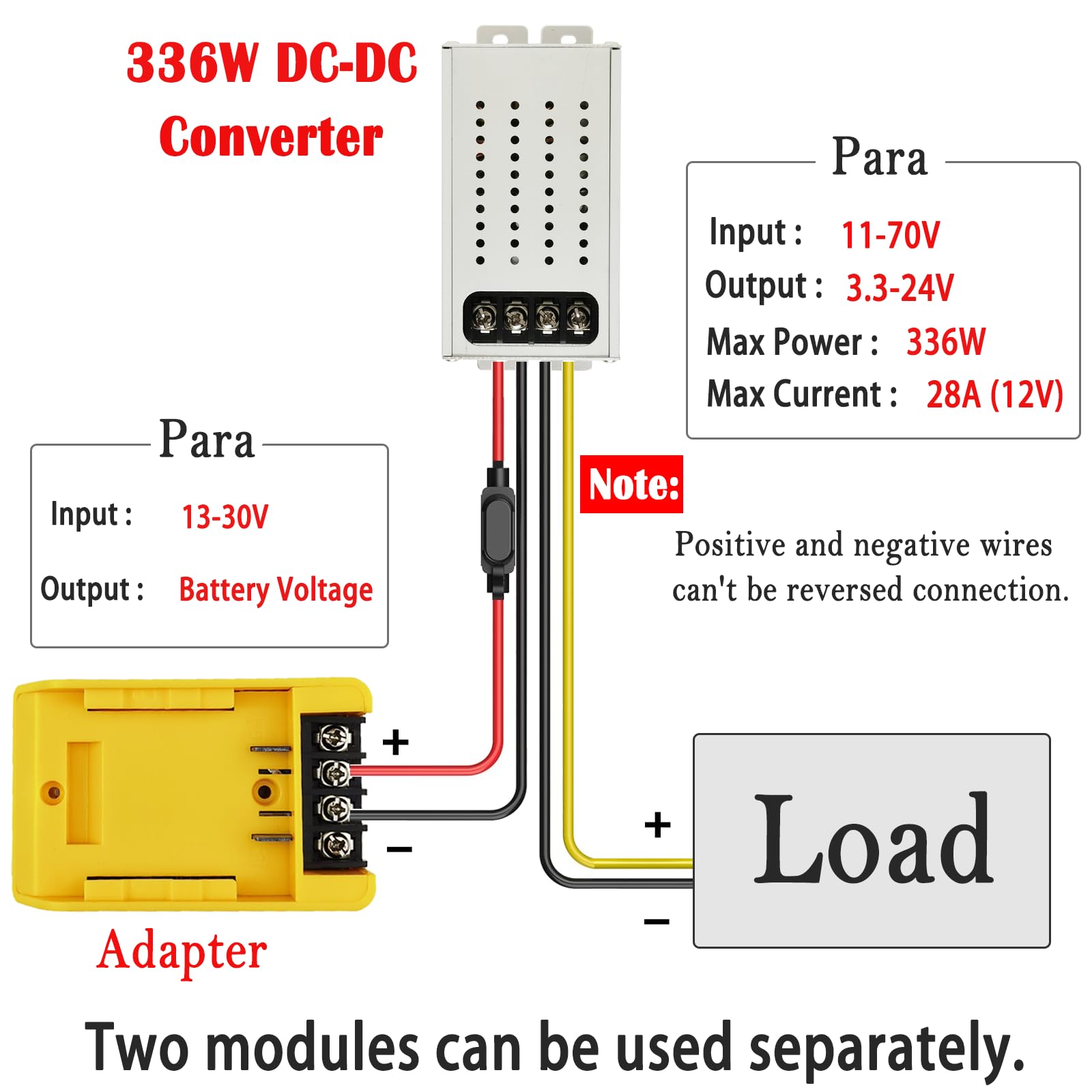 Convertidor reductor de 20 V a 12 V, 28 A, 336 W, máximo compatible con adaptador de batería DeWalt de 20 V y 18 V, adaptador de batería de rueda eléctrica, regulador de CC 11-70 V a 3.3-24 V