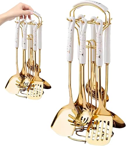 Juego de 7 utensilios de cocina de acero inoxidable dorado con soporte apto para lavavajillas, kit de utensilios de cocina de metal para colgar,