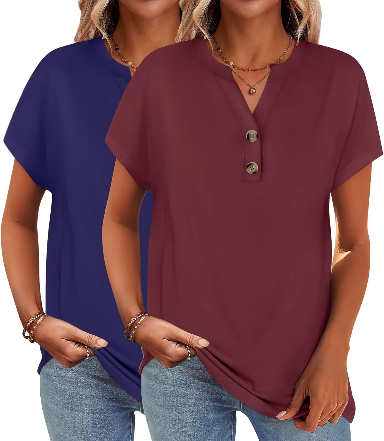 2 Pack Womens T Shirts V Neck Short Sleeve Henley Tops Work Business Casual Blouses Summer Dressy Casual Clothes