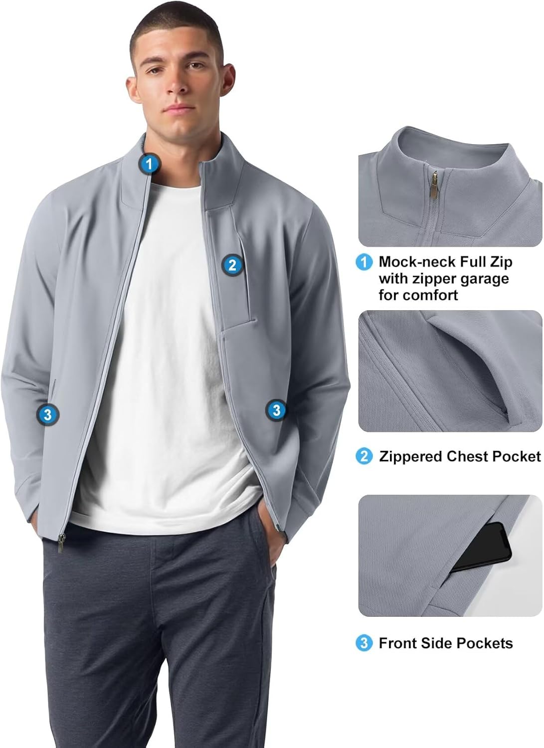Zengjo Men's Track Jackets Full-Zip Athletic Jacket Sweatshirt Mock Neck with Zipper Pockets - Image 4