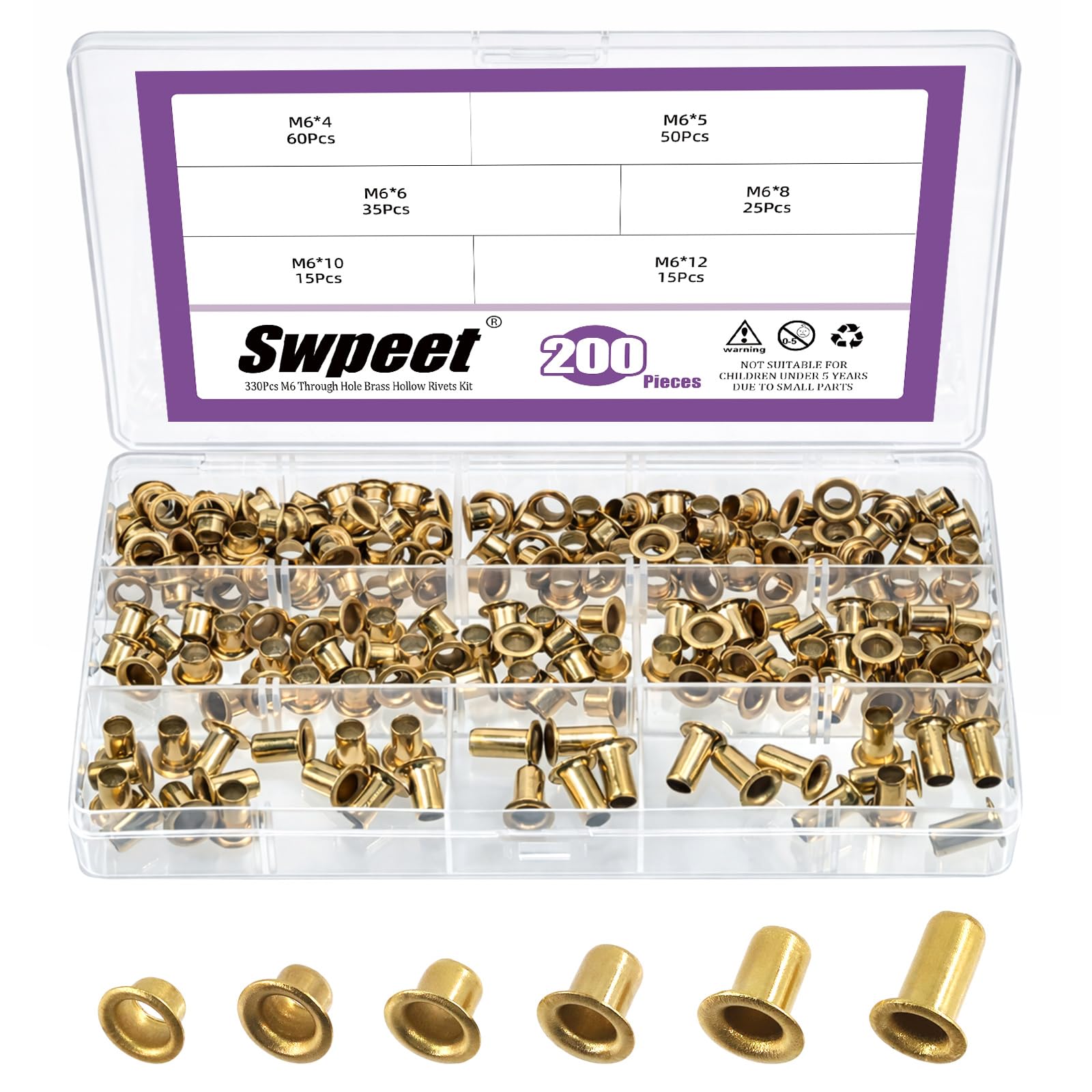 Swpeet 200Pcs 6 Sizes M6 Through Hole Copper Rivets Assortment Kit, Hollow Rivets Grommets, Double-Sided Circuit Board PCB Vias Nails for Electrical Applications Belts Wallets Leather DIY Craft