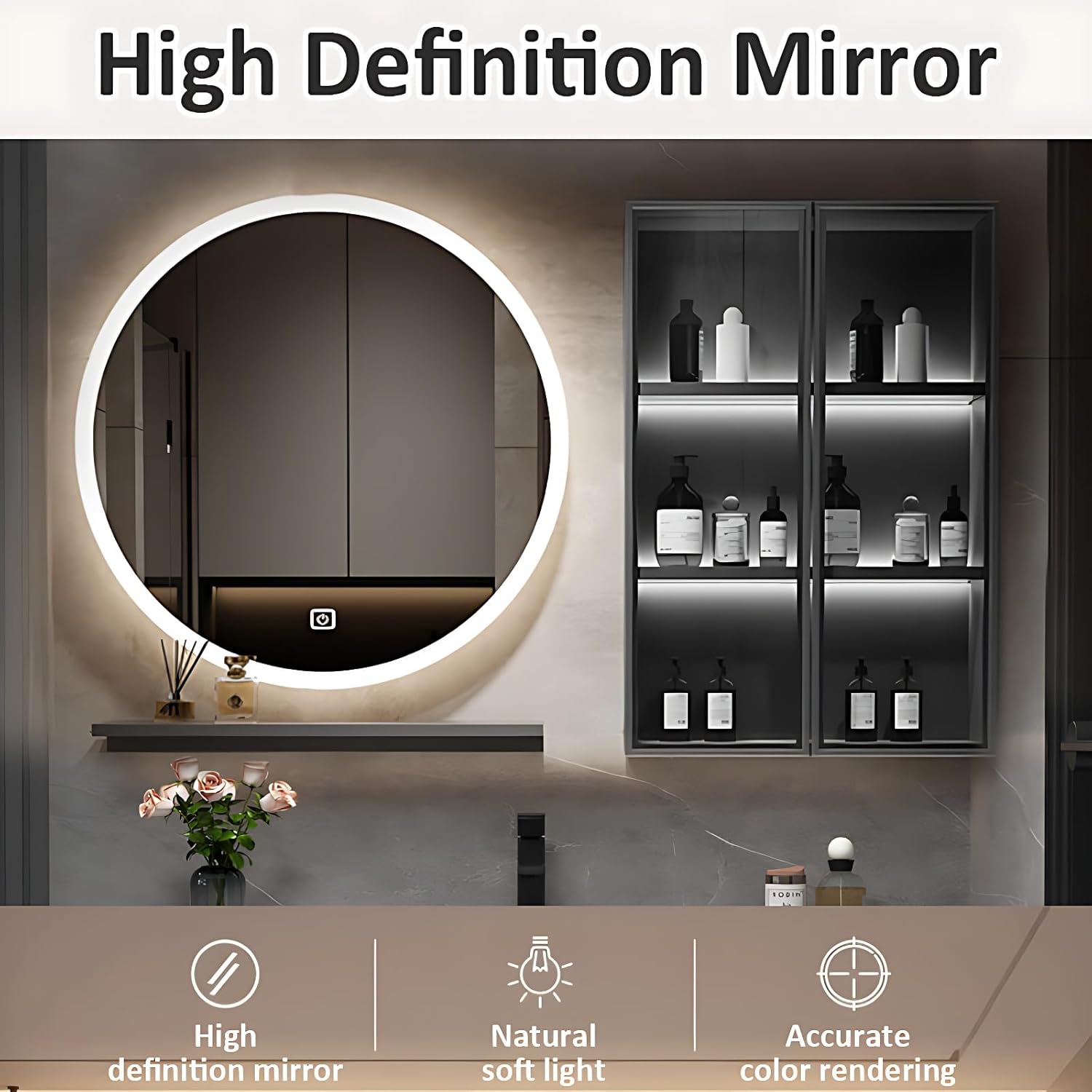 Modern Bathroom Vanities - Wall Mounted Floating Cabinet Includes LED Lights Mirror & Side Cabinet Induction Lights & Storage Shelf | Wood Bathroom Vanity with Sink (36'')