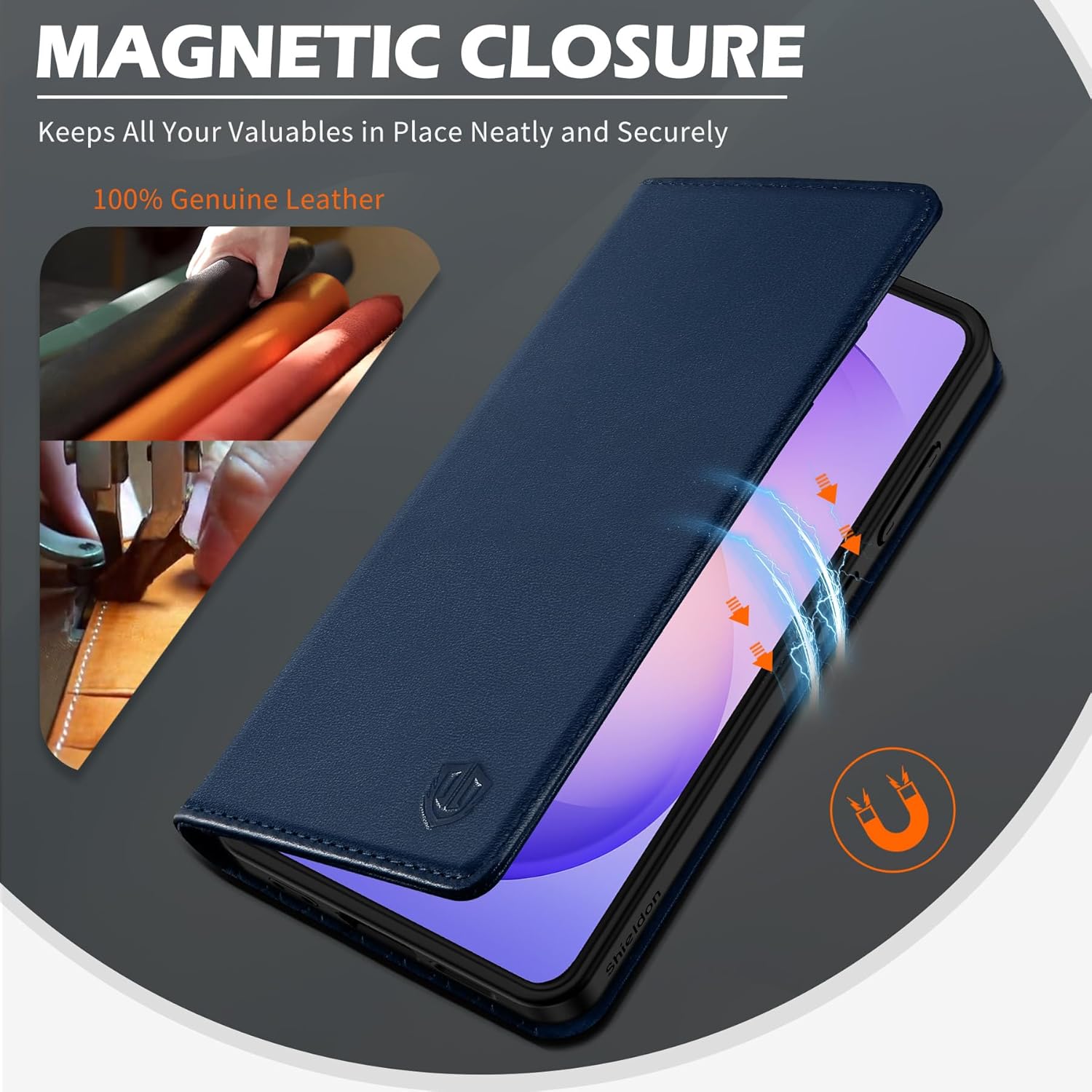 SHIELDON Case Wallet for Galaxy S26 6.3", Genuine Leather, RFID Blocking Credit Card Holder, Flip Magnetic Closure, Kickstand, Shock Absorbing Cover Compatible with Galaxy S26 5G 2026 - Navy Blue