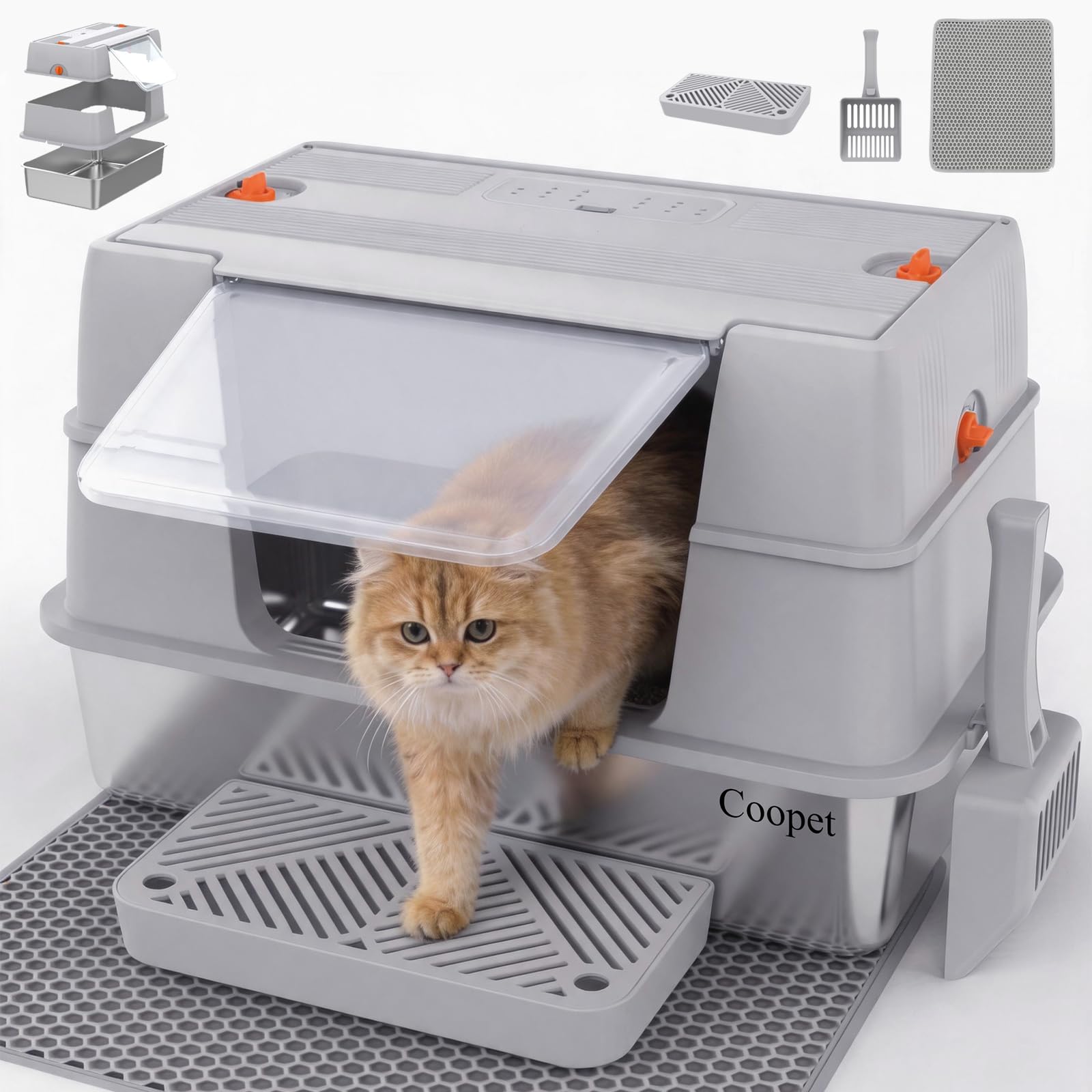 Lettiera per gatti in acciaio inox con coperchio, con ingresso laterale, per gatti di grandi dimensioni, anti-perdite, controllo degli odori con filtro al carbonio, include paletta e tappetino