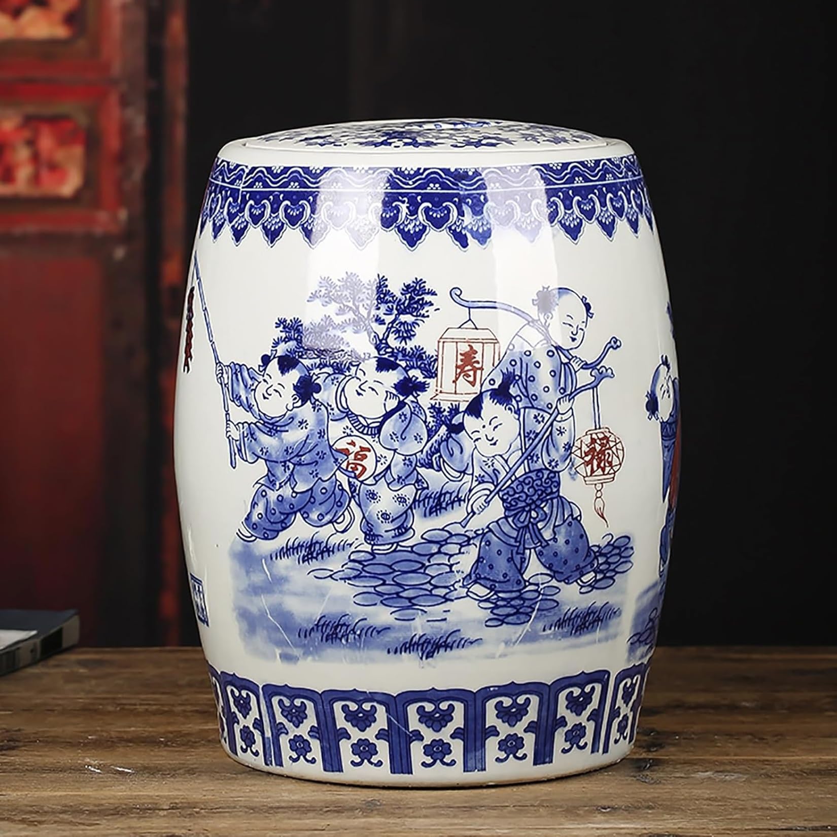 MMleYN 10/15/25KG Large Ceramic Rice Bucket With Lid Blue And White Porcelain Airtight Dispenser Chinese Retro Food Storage Jar For Rice Flour Tea Kitchen Household(E,25kg)