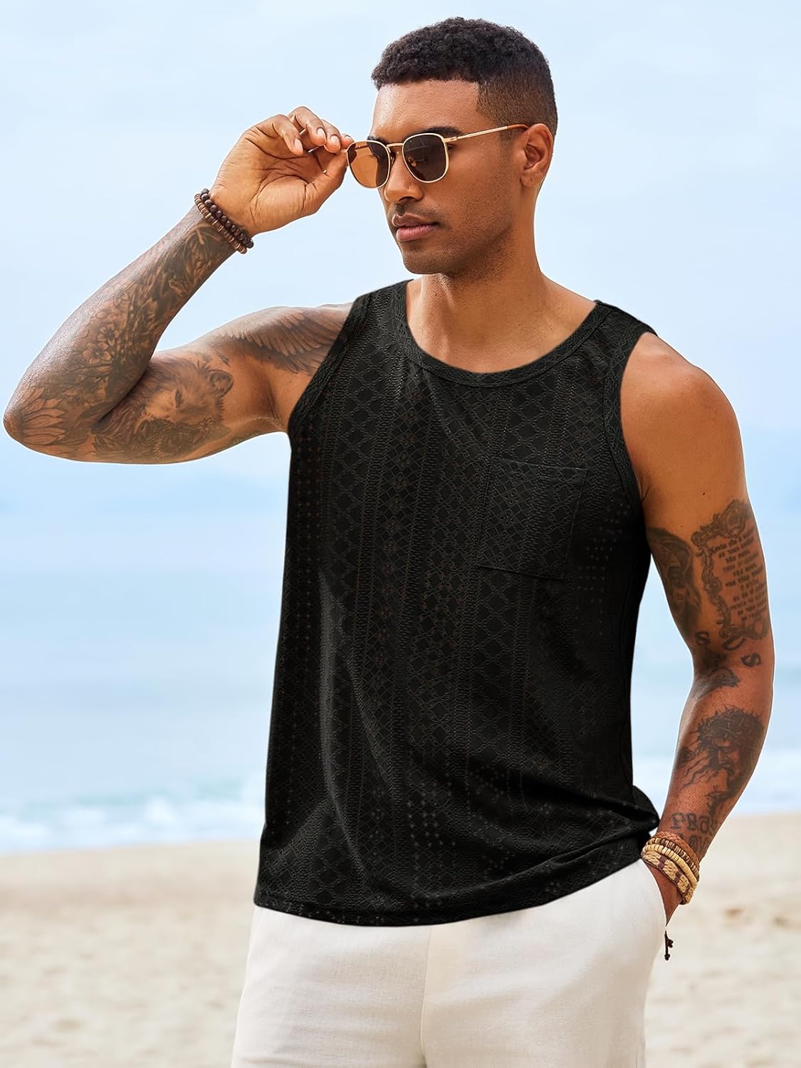 Runcati Mens Tank Tops Casual Sleeveless Hollow Out T-Shirts Muscle Summer Beach Hippie Shirts with Pocket - Image 2