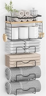 Towel Racks for Bathroom,Towel Rack Wall Mounted, 6 Tier Rolled Or Folded Towel Holder with Floating Shelves, Bathroom Towel Holder for Bath, Hand Towels,Metal,Walnut Wood Panel