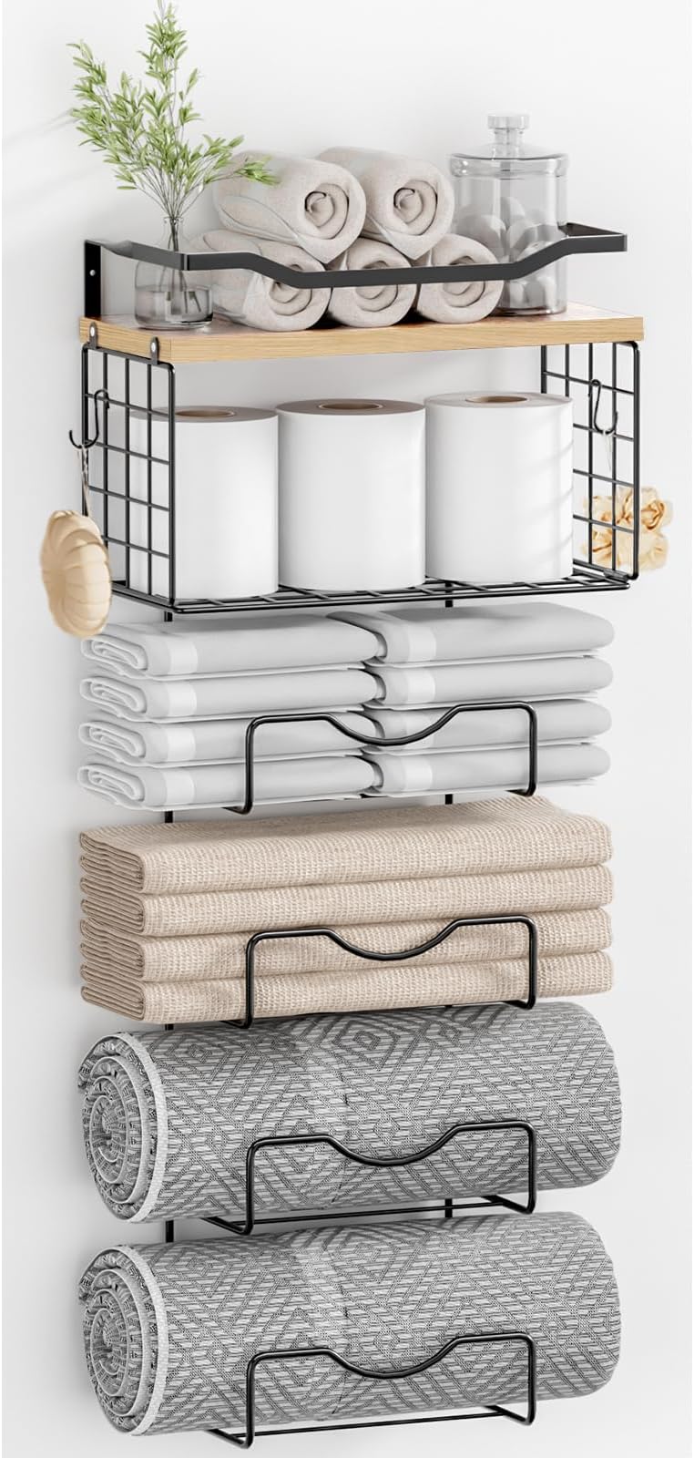 Towel Racks for Bathroom,Towel Rack Wall Mounted, 6 Tier Rolled Or Folded Towel Holder with Floating Shelves, Bathroom Towel Holder for Bath, Hand Towels,Metal,Walnut Wood Panel