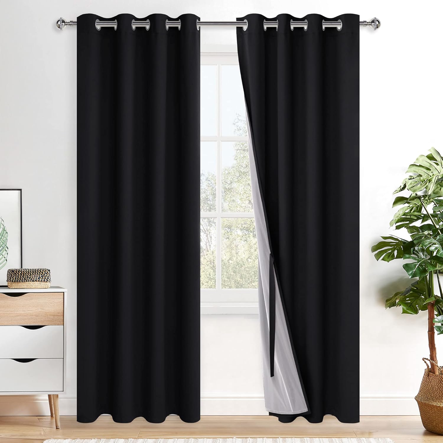 XWZO 100% Blackout Curtains 84 Inches Long with Tiebacks- Privacy Protection, Energy Efficiency Window Panels with Black Liner for Bedroom/Living Room, Grommet, Black, W52 x L84, Set of 2