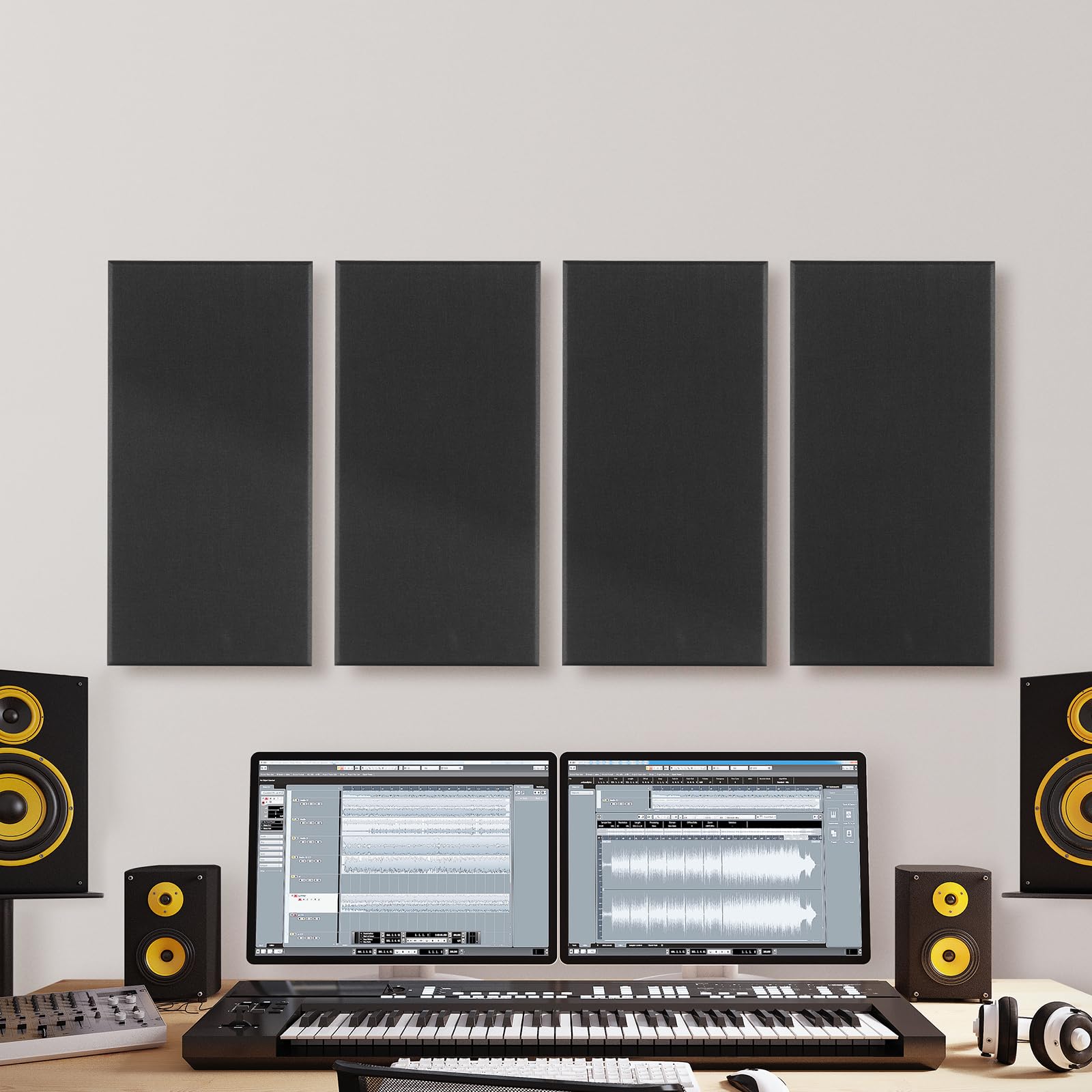 VEVOR Paneles Acústicos de Fibra de Vidrio, Paneles de Absorción de Sonido, Insonorizados Autoadhesivos, para Estudios, Oficinas, Cine en Casa, Salas de Reuniones, Negro, 600 x 300 x 50 mm, 4 uds