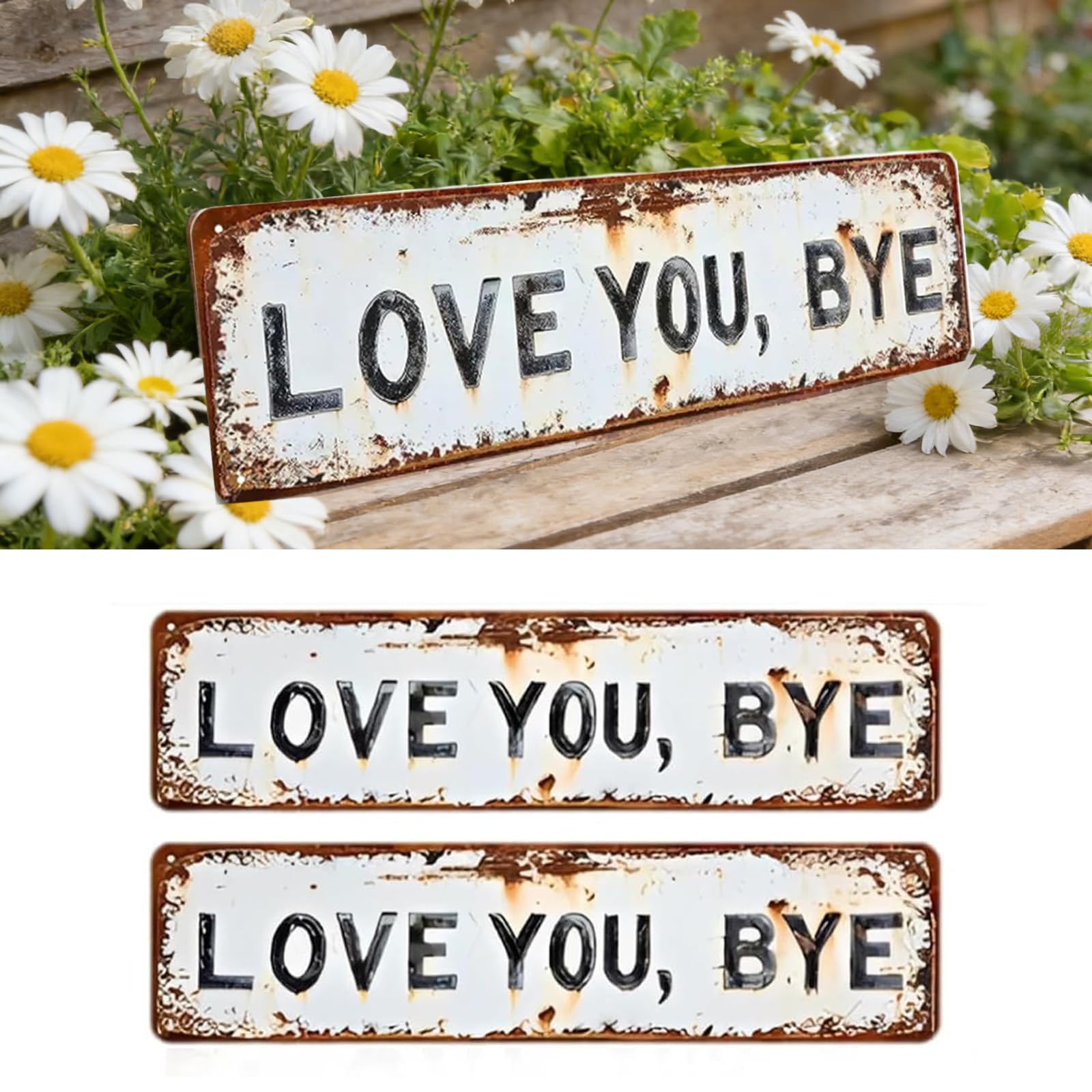 Love You, Bye Vintage Metal Wall Sign – Farmhouse Rustic Aluminum Wall Decor for Above Door, Hallway & Entryway | Love You Bye Metal Sign, Vintage Walls Art Hanging Plaque (2PCS)
