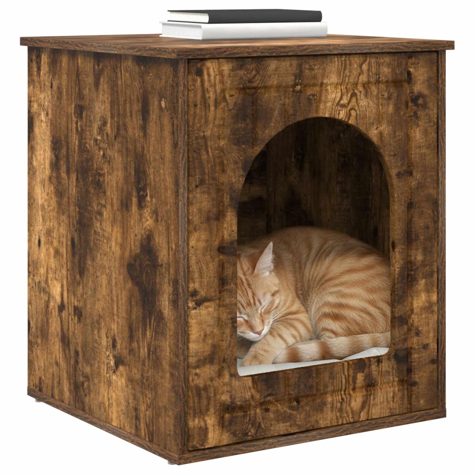 Katzenhaus Holzwerkstoff,Moderne Katzenhöhle für Drinnen, Katzenmöbel Katzenbox mit stabilem Design für das Wohnzimmer, Geräucherte Eiche, 53 x 52 x 62 cm