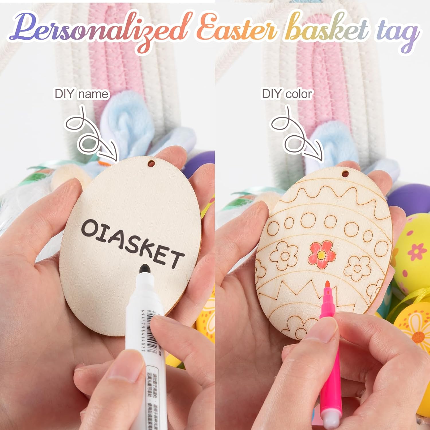 OIASKET Personalized Easter Basket for Toddler, Woven Baby Easter Gifts Basket with Handle, Empty Bunny Egg Basket for Girls Boys Kids-Large Pink