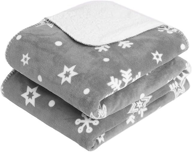 Dreamscene Snowflake Xmas Sherpa Fleece Coral Blanket Large Plush Fluffy Soft Warm Bed Couch Throw Over Bedspread, 150 x 180 - Grey White