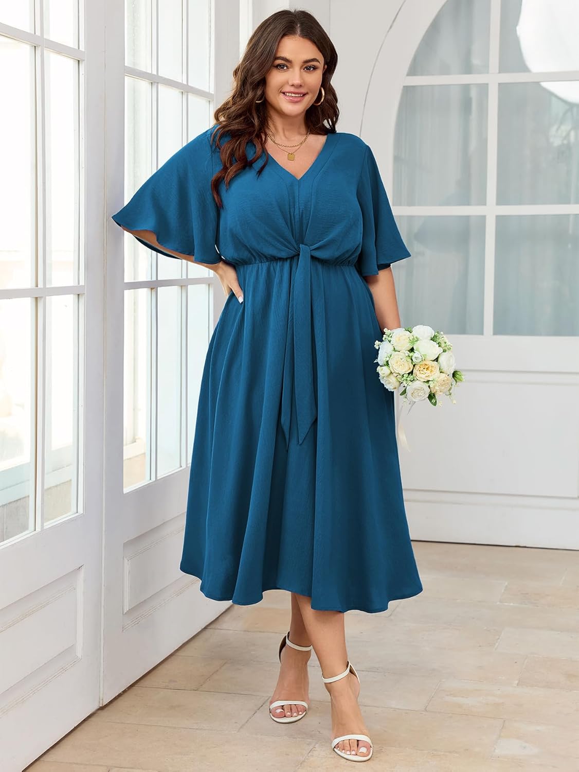 SCOMCHIC Women Plus Size Midi Dresses Wedding Guest Short Sleeve V Neck Tie Waist Casual Summer Flowy A Line Dress - Image 2
