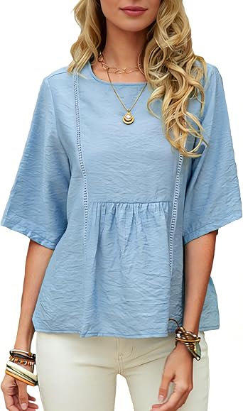 Womens Summer Cotton Linen Half Sleeve Shirt Crewneck Loose Fit Solid Oversized Basic Tee Blouse Tops