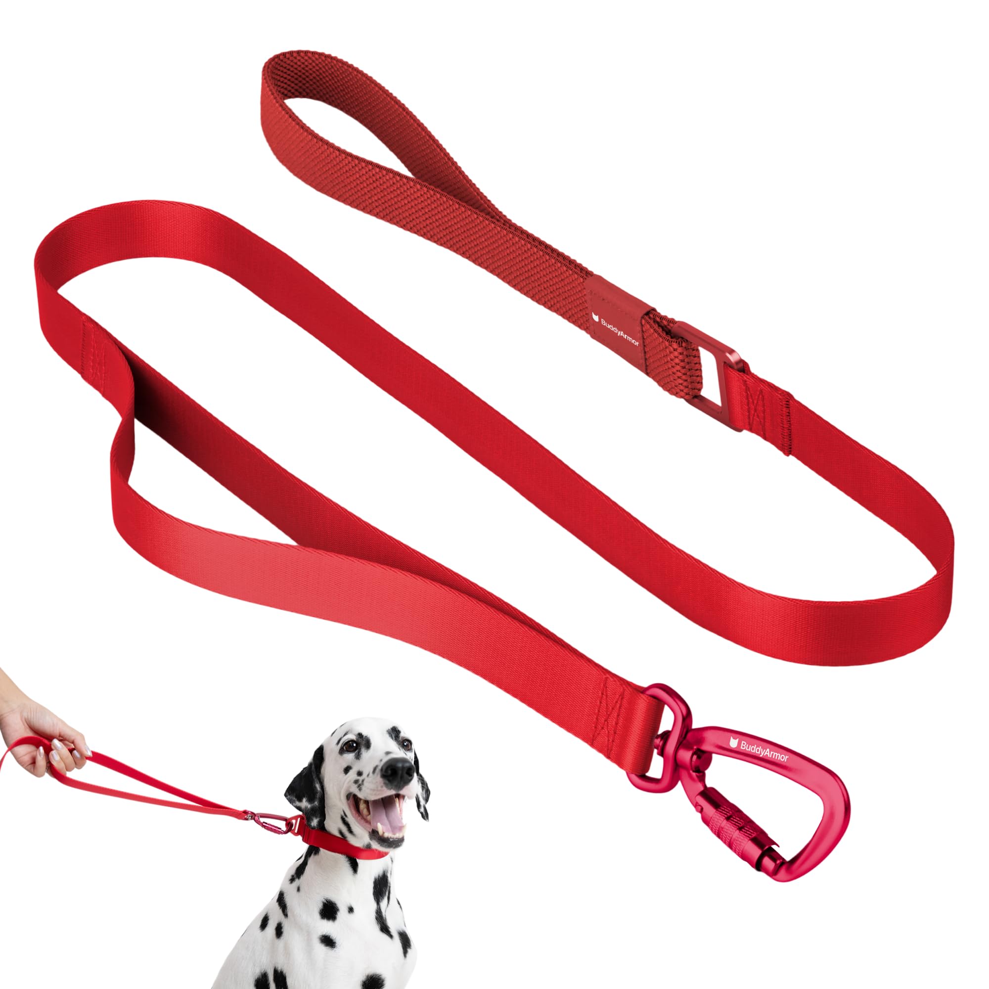 BuddyArmor Nylon Dog Leash Heavy Duty Lightweight w/Traffic Handle and Elastic Two Handles, Carabiner Clip Lock Durable Dog Training Leash Walking
