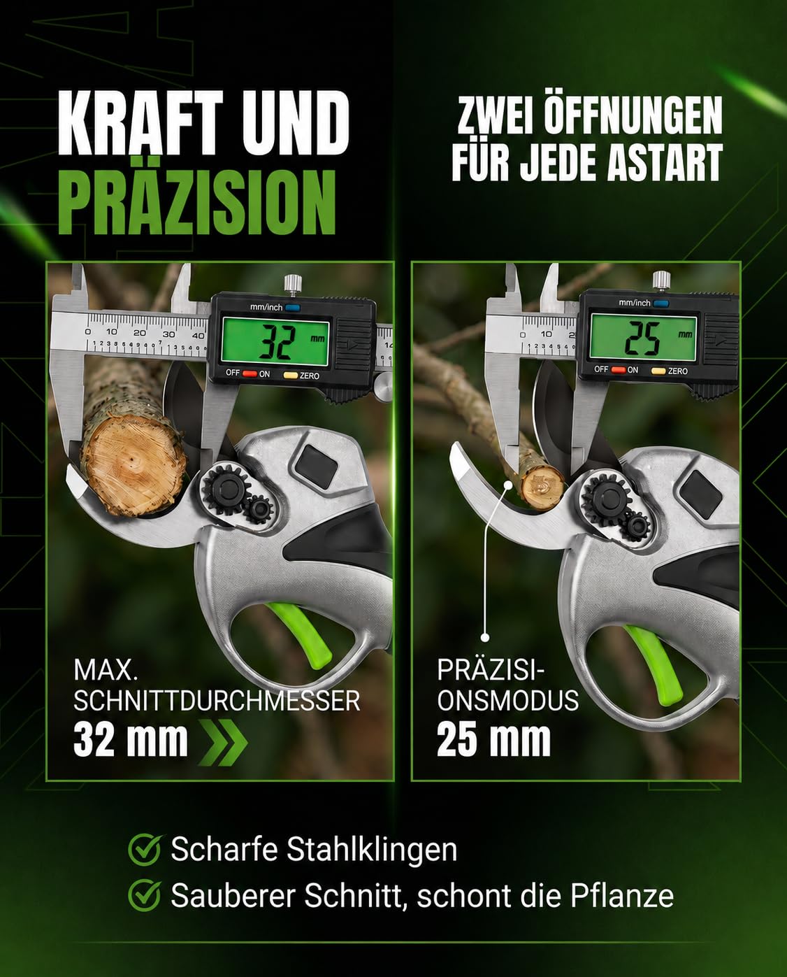 Akku Astschere, 2 x 2000 mAh Akkus, Bürstenloser Motor