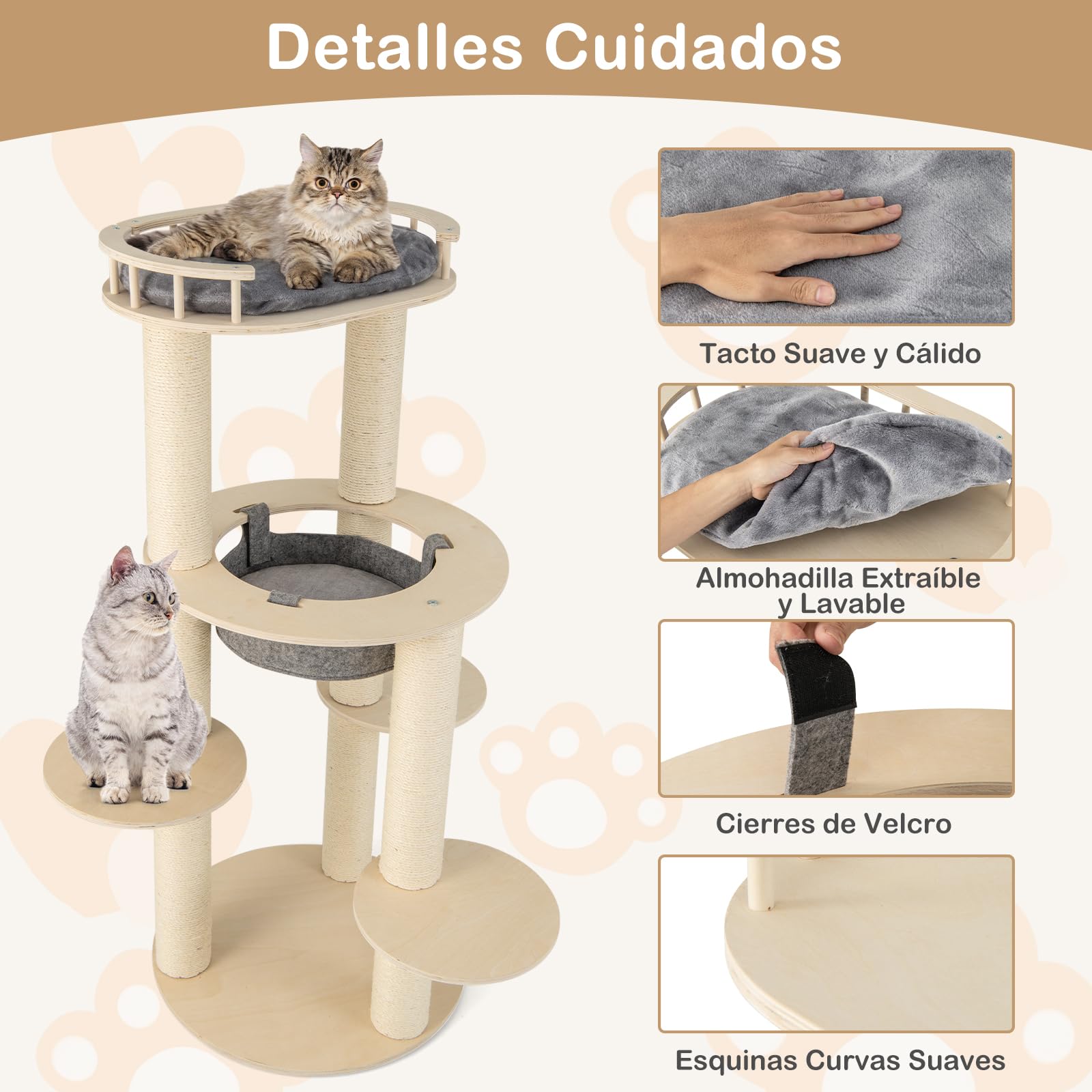 GOPLUS Árbol para Gatos de Varios Niveles de 150 cm, Torre de Madera para Gatos con Percha Superior Acolchada, Hamaca, 3 Plataformas y Postes rascadores de sisal, 66 x 66 x 150 cm