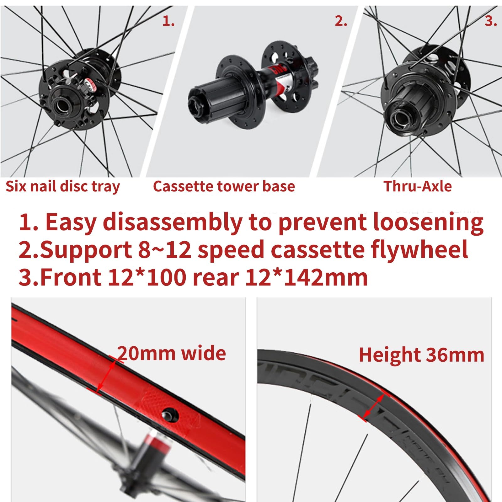 Juego de Ruedas para Bicicleta de Carretera 700C con Freno de Disco y Eje pasante. Rueda Delantera: 12x100 mm, Rueda Trasera: 12x142 mm. Llantas de aleación de Aluminio de Doble ca
