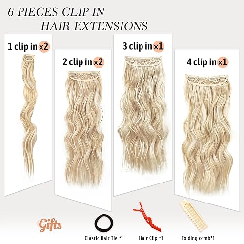 Miniatura 3 de NAYOO Extensiones de cabello con clip para mujer, de 20 pulgadas, largo, ondulado, rizado, mezcla de rubio decolorado, extensión de cabello