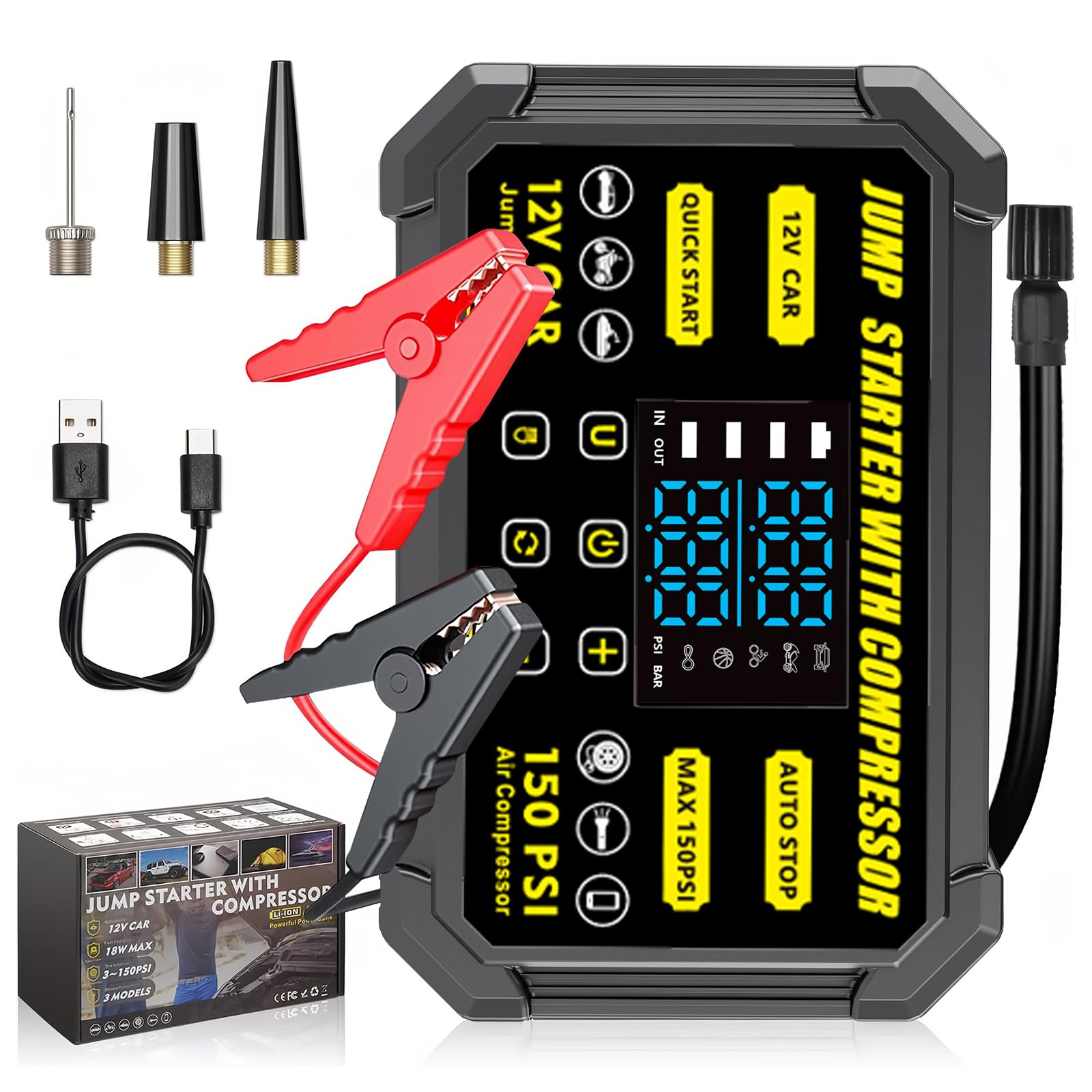 starter car battery con inflatore 150 psi 18 w quick charge