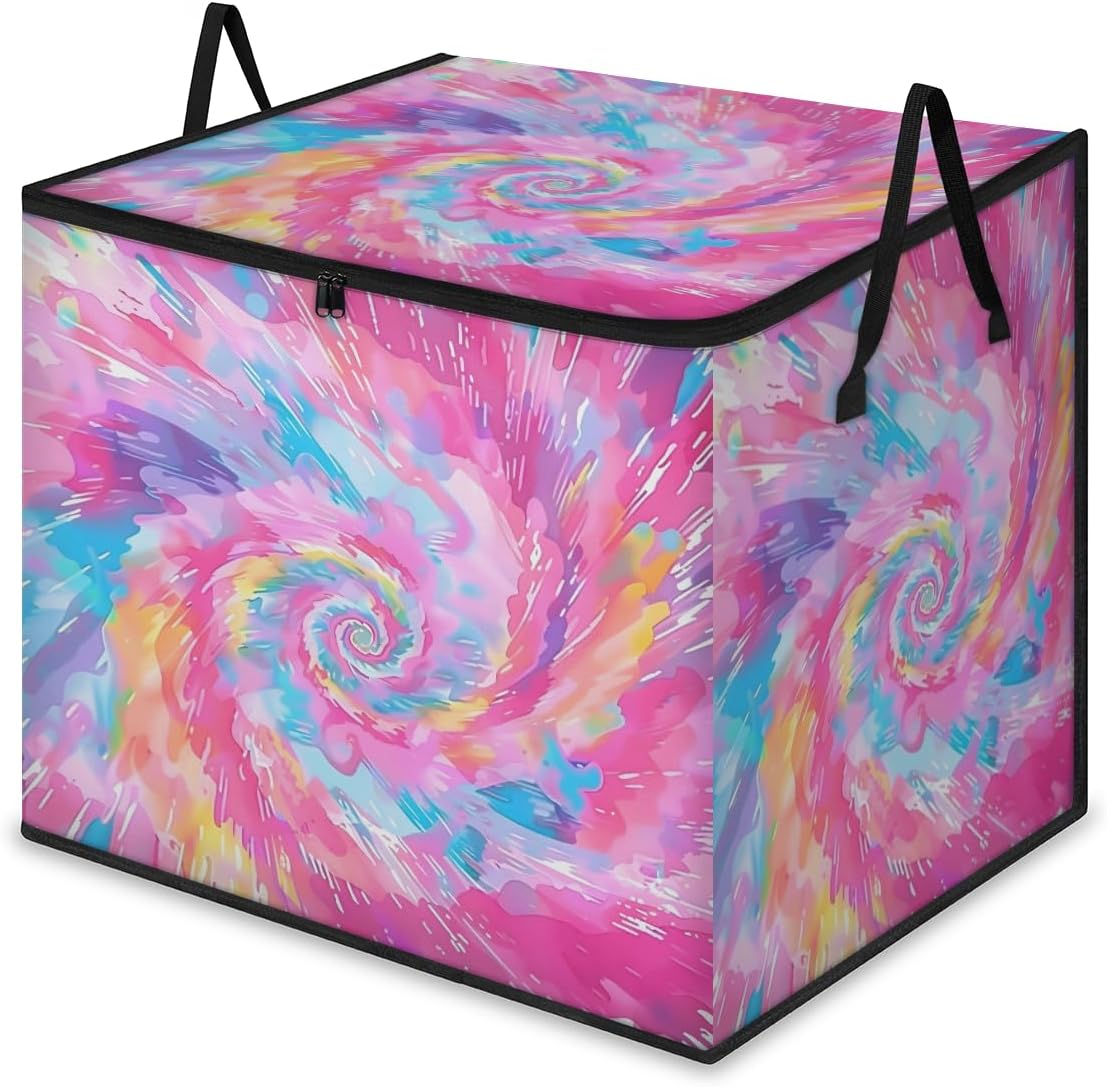 Cute Tie Dye Colorful Rainbow Extra Large Storage Bags, Clothes Storage Bins Foldable Closet Organizers Containers with Handle for Clothing, Blanket, Pillows