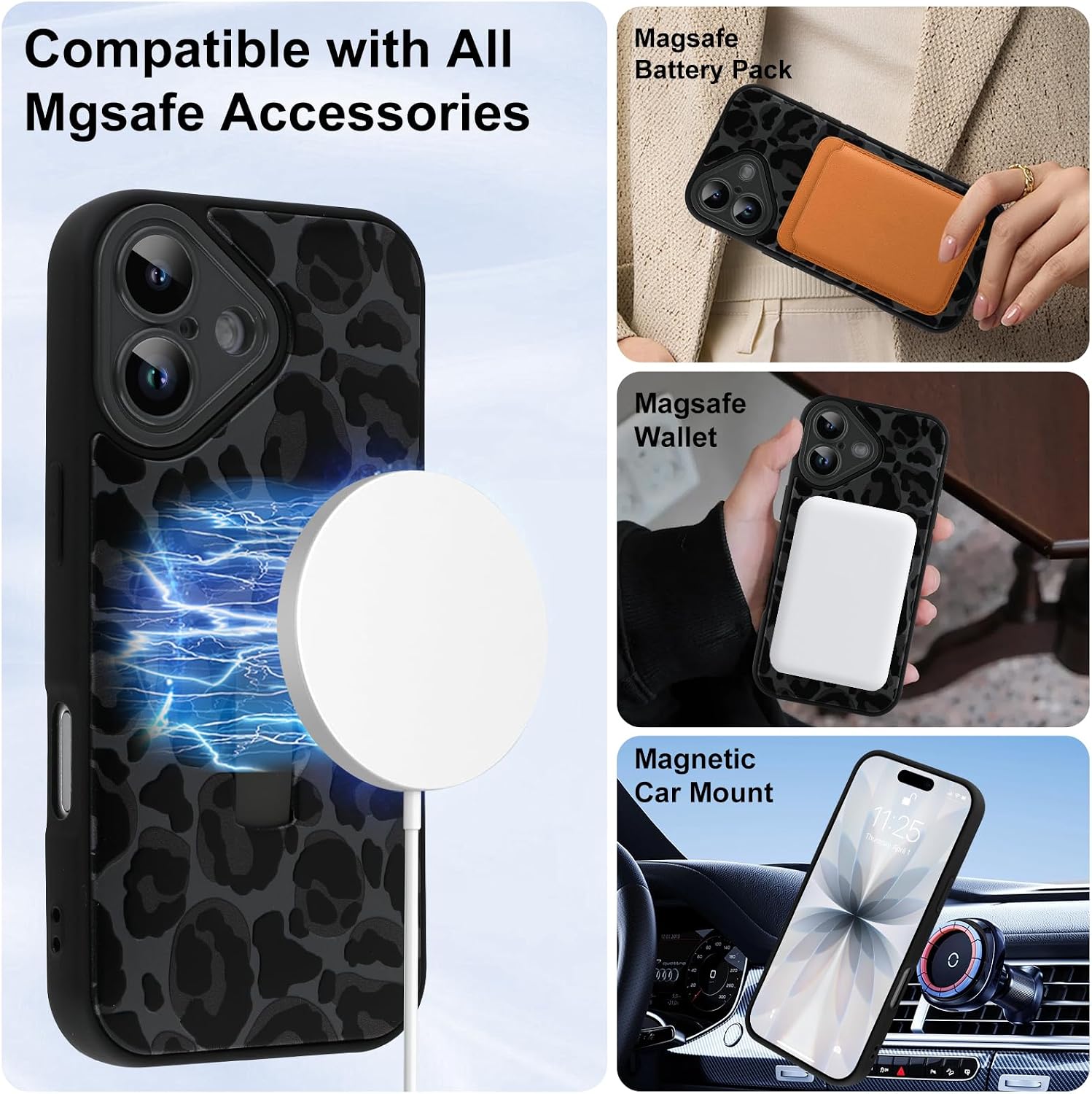 for iPhone 17 Case with Finger Strap Kickstand,Compatible with MagSafe,Luxury Leopard Cheetah Pattern for Women Men,Full Camera Protection Aesthetic Shockproof TPU Design,Black