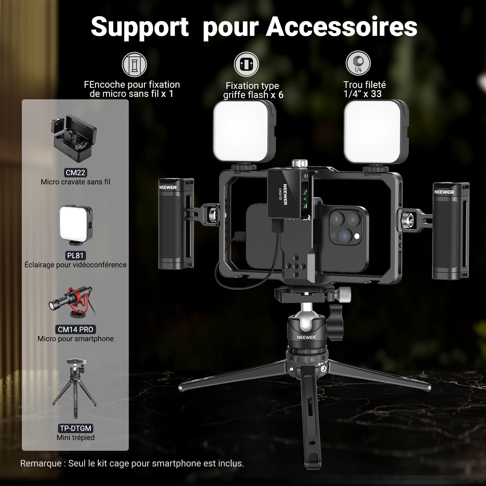 NEEWER Kit de vlogging pour téléphone amélioré, stabilisateur vidéo avec Double poignée, Fente Micro sans Fil pour Tiktok/Youtube, Compatible avec SmallRig iPhone 16 15 14 13 Pro Max Galaxy S23, PA009