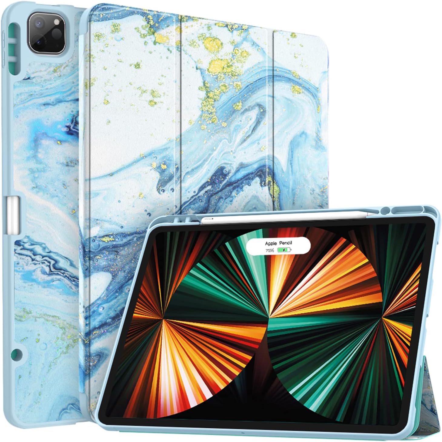 Soke New iPad Pro 12.9 Case 2022 with Pencil Holder - [Full Body Protection + 2nd Gen Apple Pencil Charging + Auto Wake/Sleep], Soft TPU Back Cover for 2022/2021 iPad Pro 12.9 inch(Blue Quicksand)