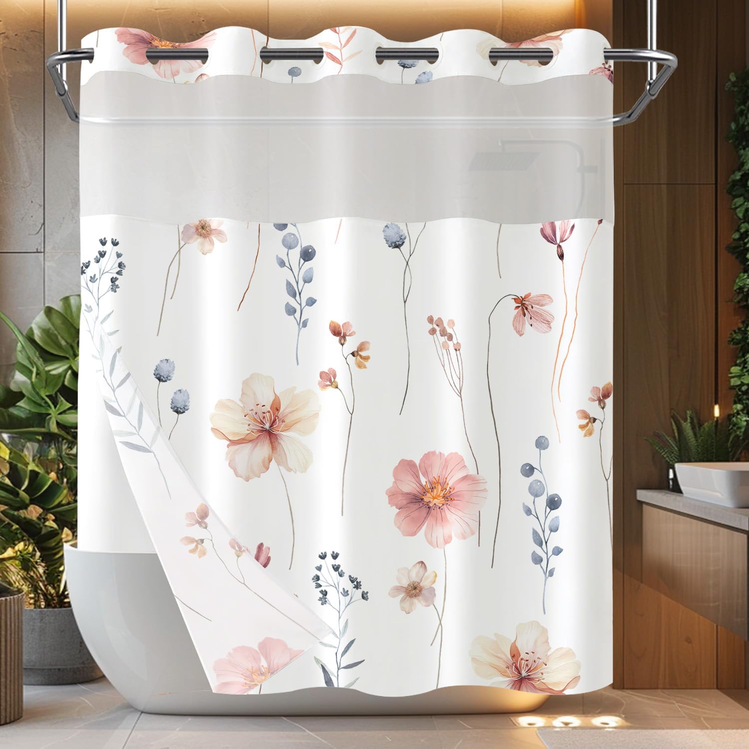 Fungarth No Hook Shower Curtain with Snap in Liner Set