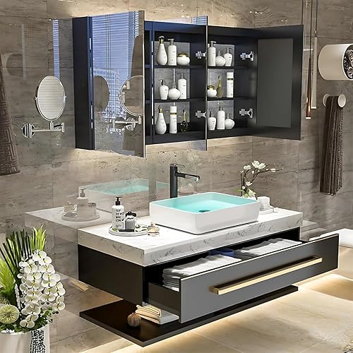 Miniatura 2 de Moderno tocador de baño montado en la pared, con espejo LED antivaho  Fregadero de cerámica  Grifo giratorio  Cajones de cierre suave  con