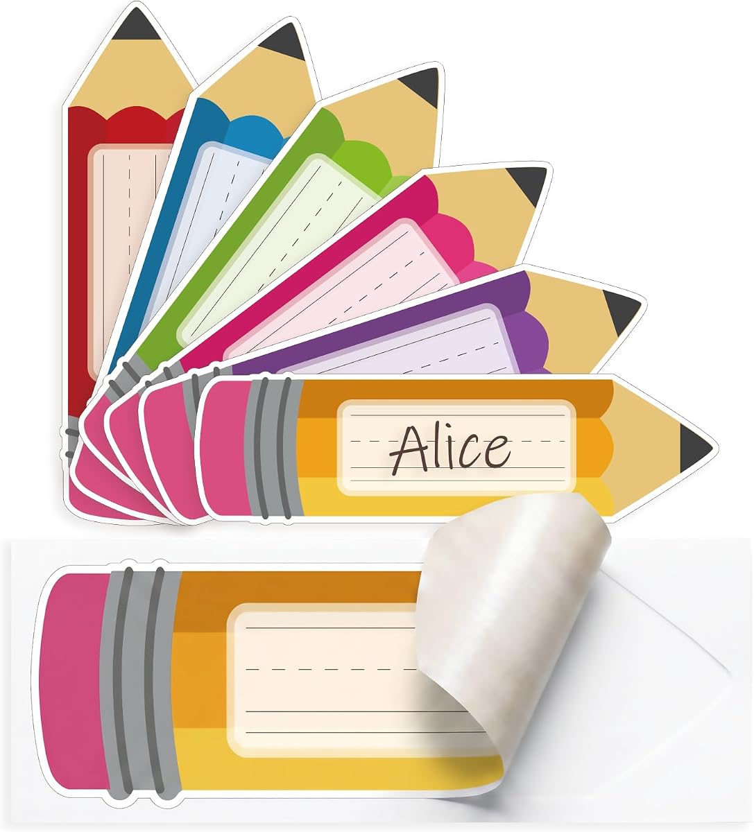 Etiquetas adhesivas con nombre de lápiz para aula, paquete de 36 placas de nombre de escritorio de 9 pulgadas, etiquetas de nombre de estudiante en forma de lápiz de 6 colores con líneas de escritura, suministros para maestros y decoración de regreso a la escuela
