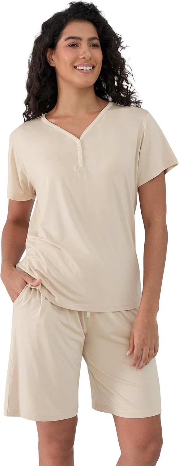 Joyaria Cooling Pajamas Bamboo Viscose PJs Bermuda Shorts Set Women Henley Neck Summer Moisture Wicking Sleepwear - Image 2