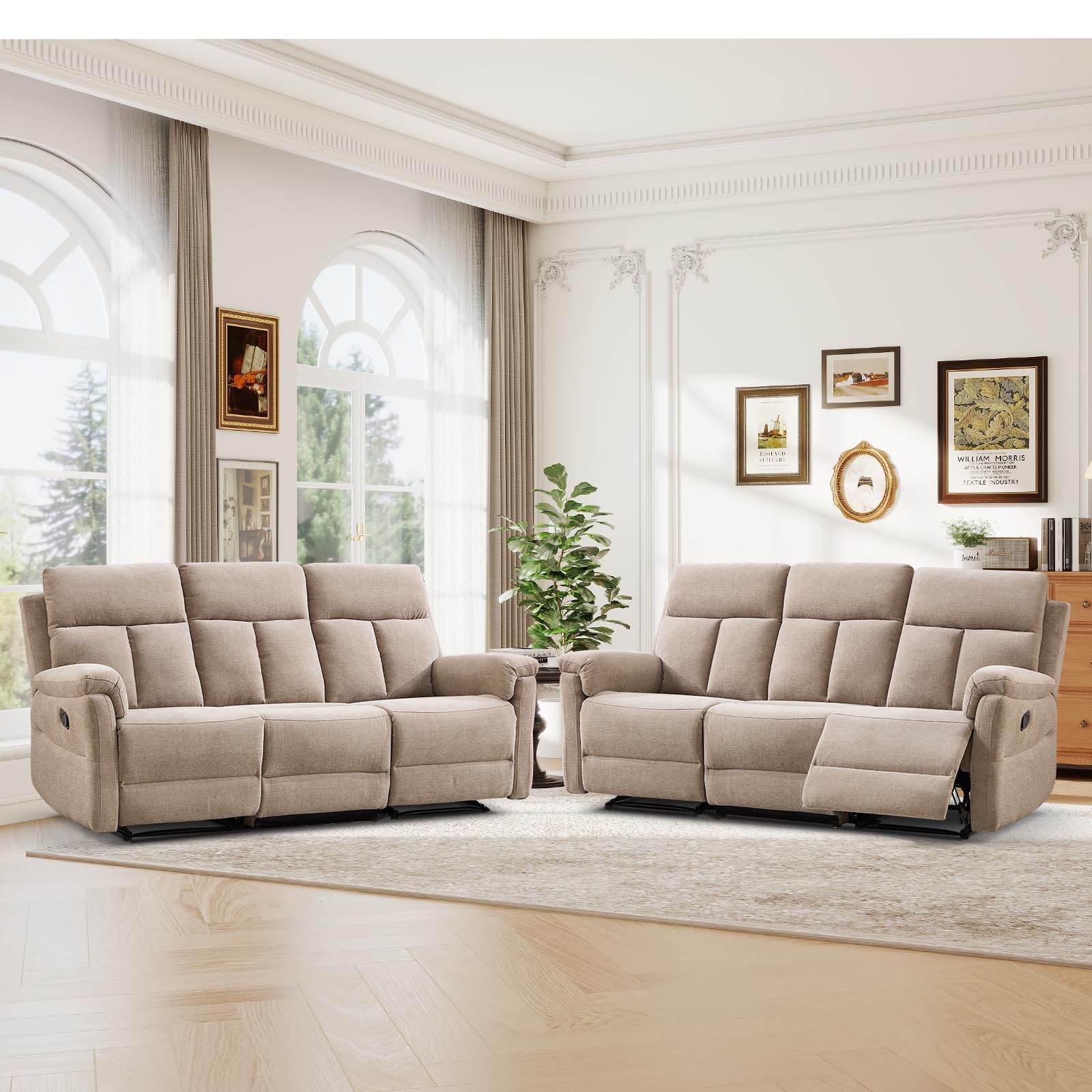 ANJ 2-Piece Manual Reclining Sofa Set, 3 Seat Recliner Couches with Padded Arms and Supportive Backrest, Comfortable Fabric Reclining Couch Set for Living Room, Camel