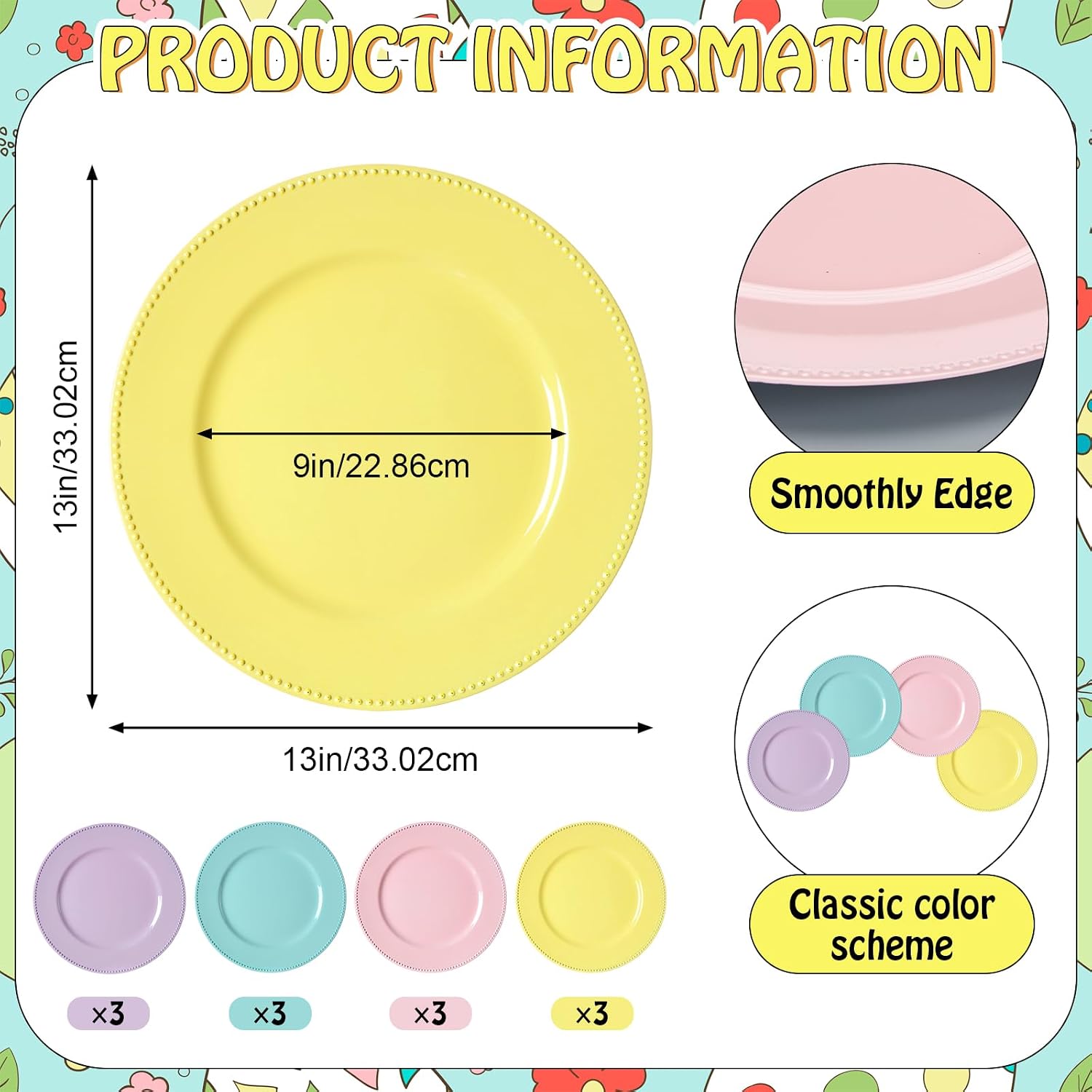 LemonRoad 12 Pcs Pastel Charger Plates with Beaded Rim 13 Inch Pastel Plastic Dinnerware Plates for Spring Summer Home Table Party Supplies