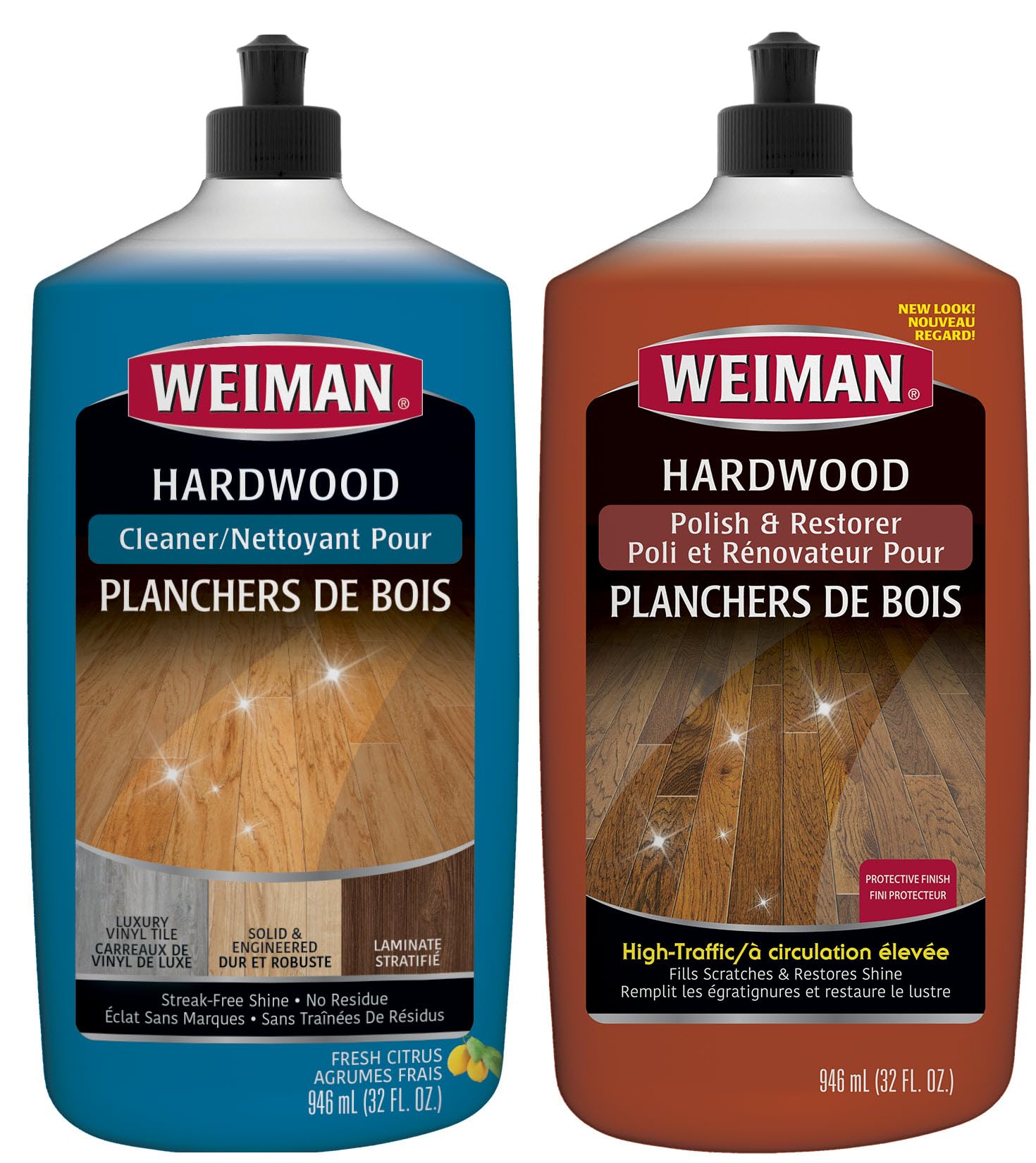 Weiman Hardwood Floor Cleaner and Polish Restorer Combo - 2 Pack - High-Traffic Hardwood Floor, Natural Shine, Removes Scratches, Leaves Protective Layer