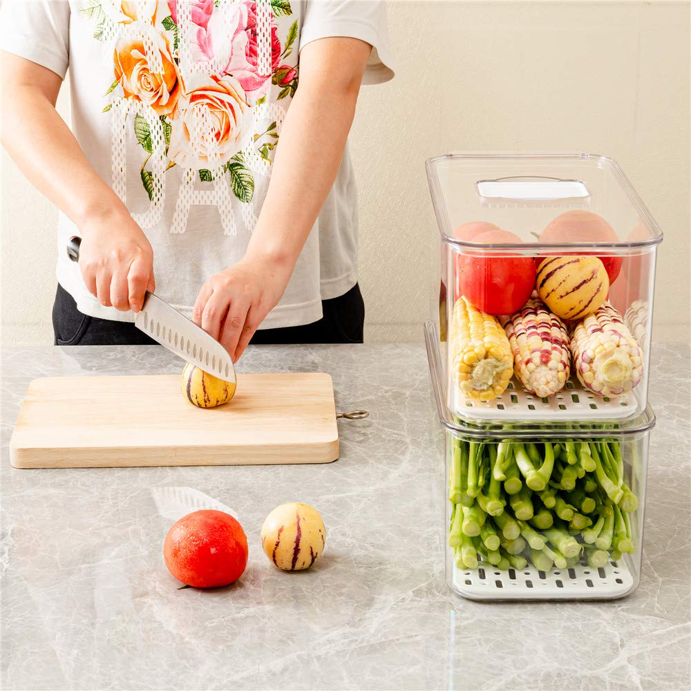 SANNO Produce Saver - Contenedores organizadores de refrigerador con tapas y bandeja de drenaje extraíble, contenedor de almacenamiento de alimentos, contenedores apilables para congelador, para